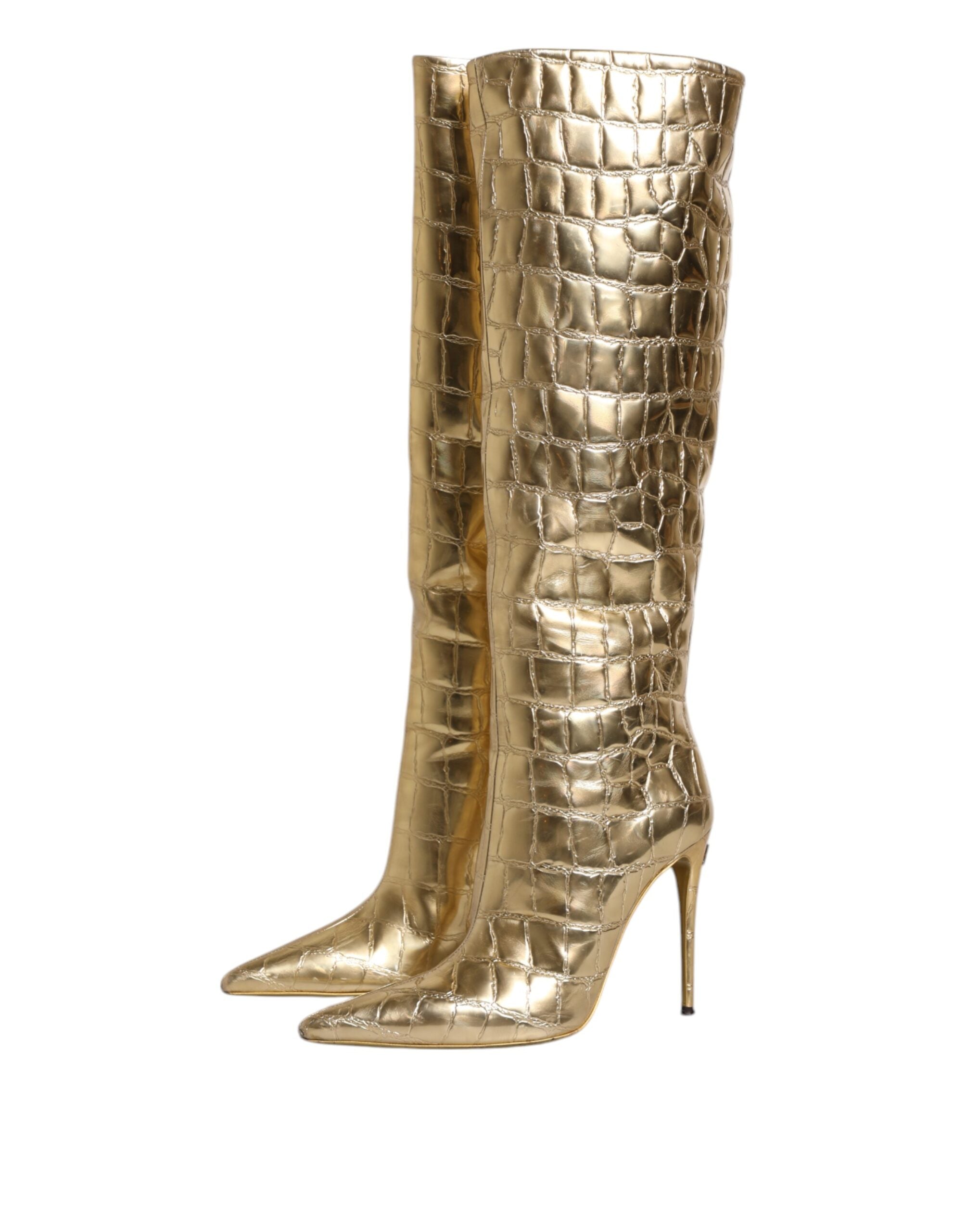 Dolce & Gabbana Gold Leather Stiletto Heels High Boots Women's Shoes