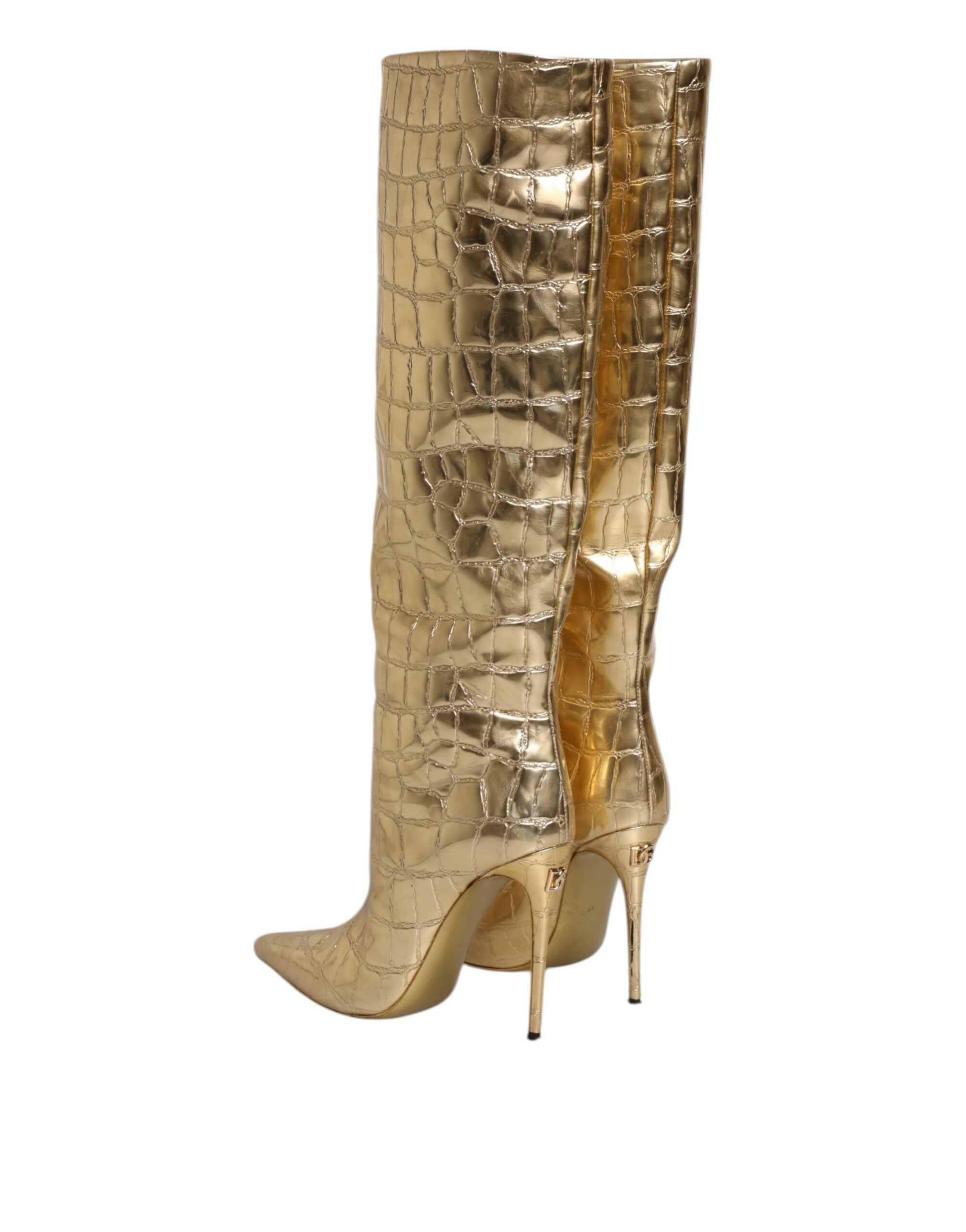 Dolce & Gabbana Gold Leather Stiletto Heels High Boots Women's Shoes