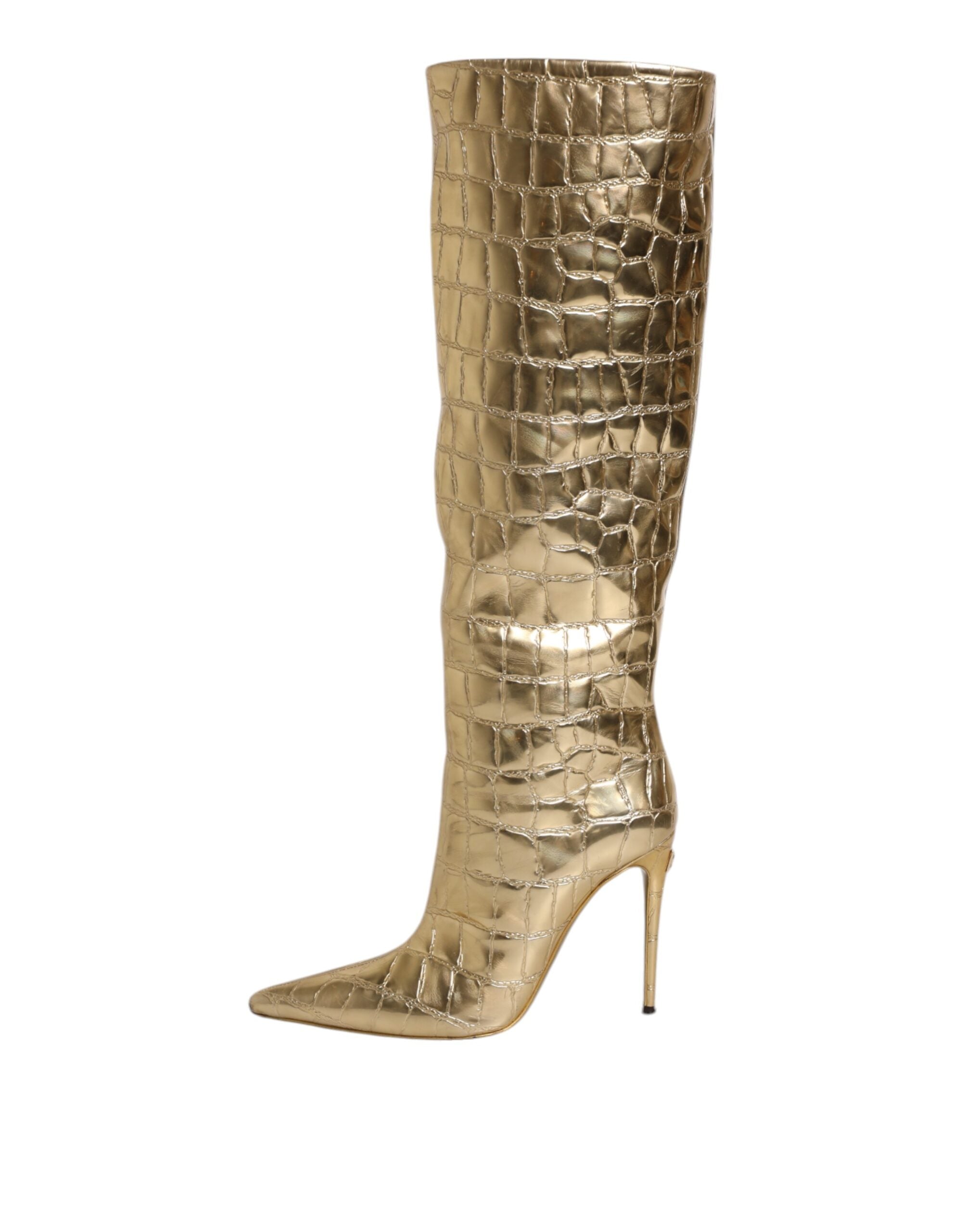 Dolce & Gabbana Gold Leather Stiletto Heels High Boots Women's Shoes