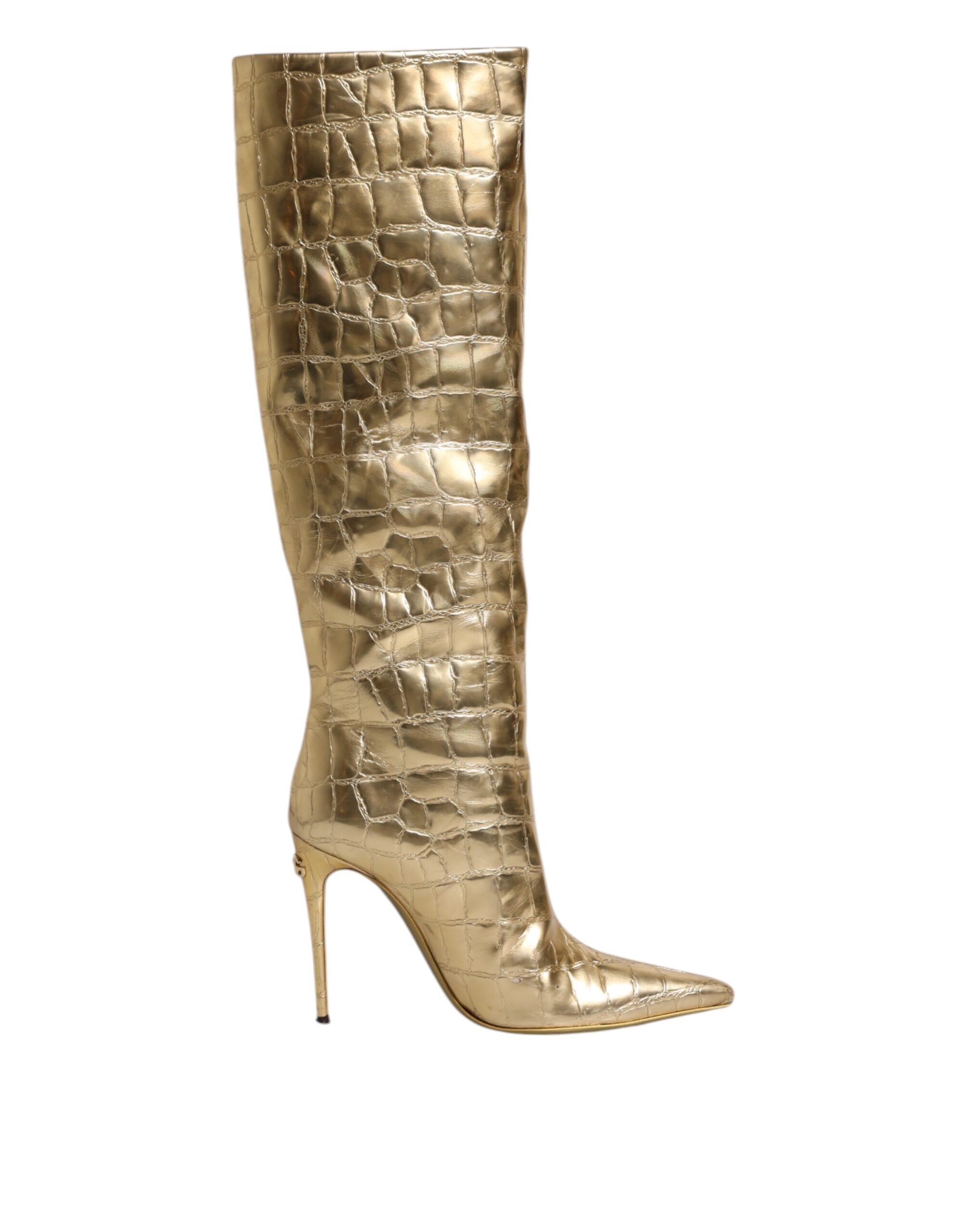 Dolce & Gabbana Gold Leather Stiletto Heels High Boots Women's Shoes