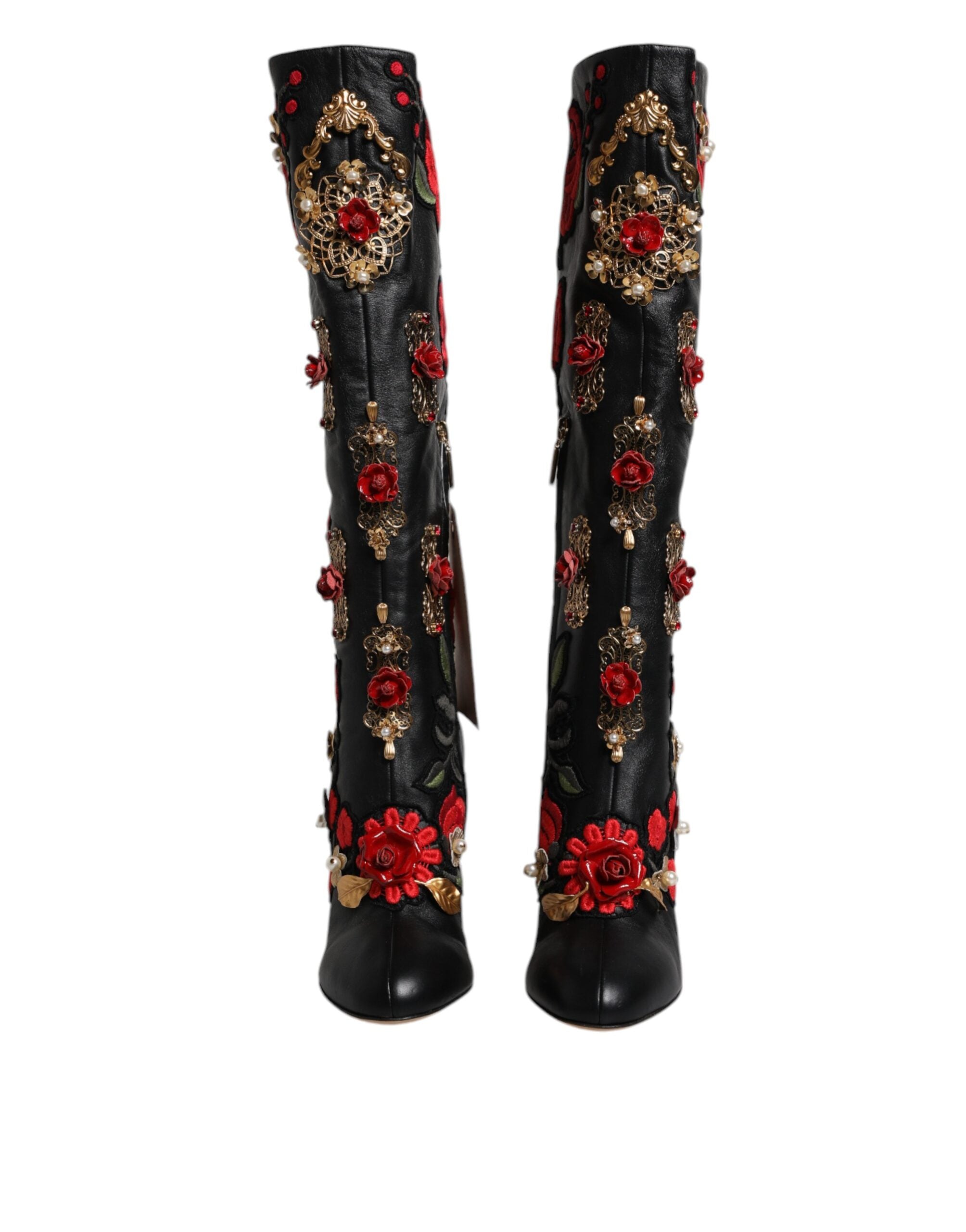Dolce & Gabbana Black Roses Embellished Leather Heel Boots Women's Shoes