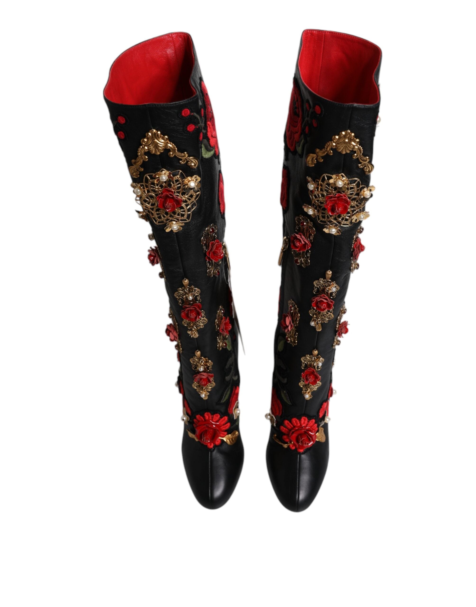 Dolce & Gabbana Black Roses Embellished Leather Heel Boots Women's Shoes