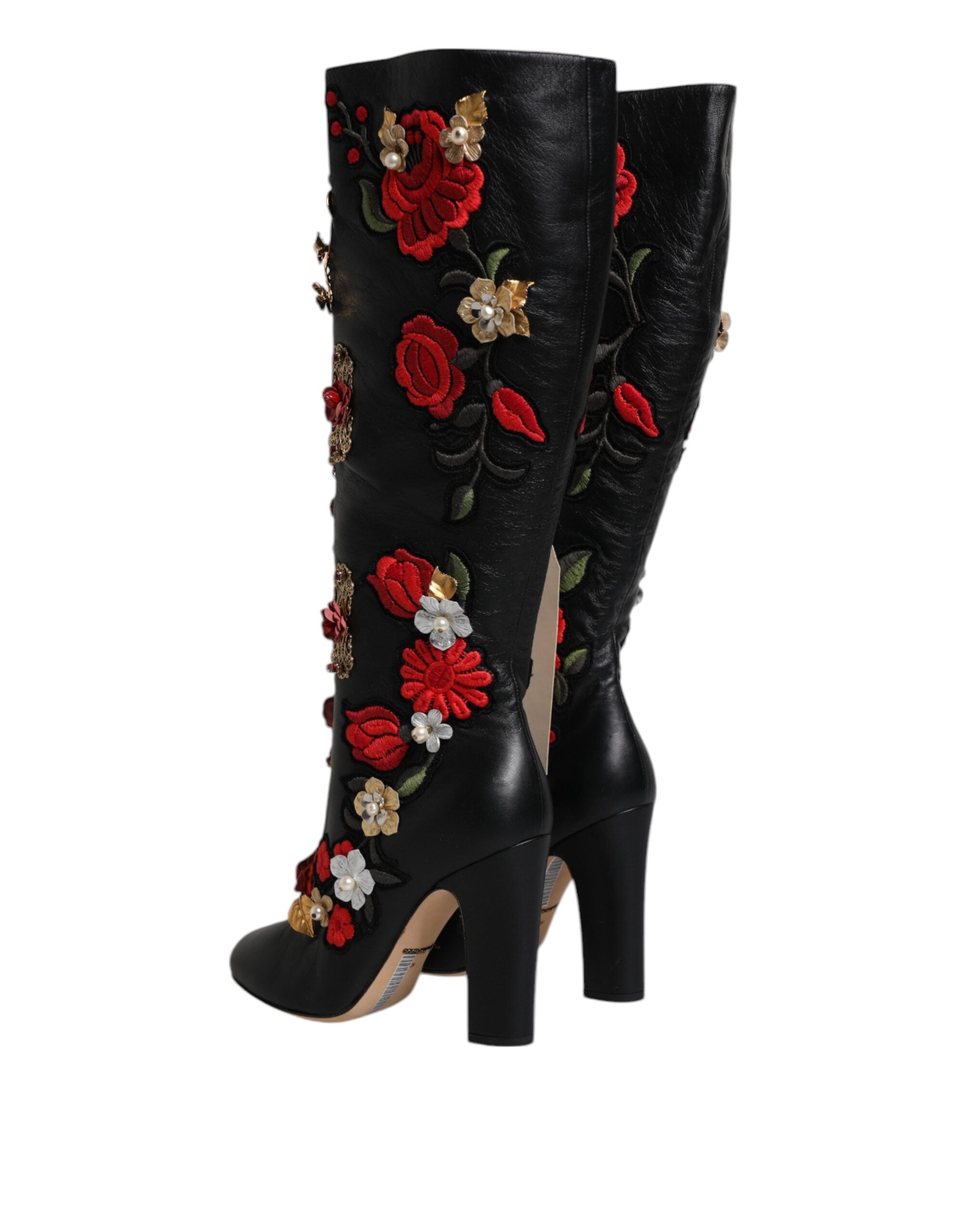 Dolce & Gabbana Black Roses Embellished Leather Heel Boots Women's Shoes