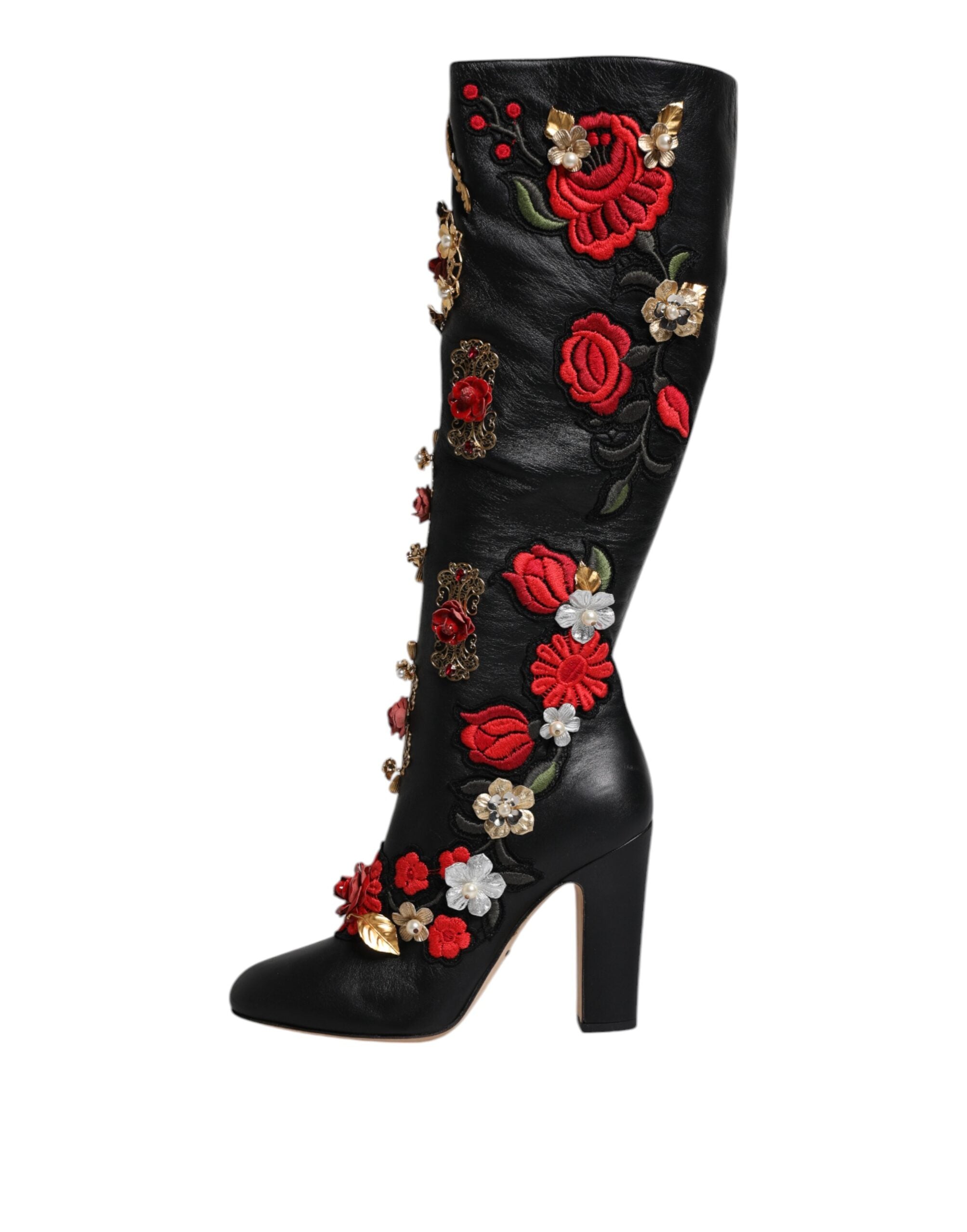 Dolce & Gabbana Black Roses Embellished Leather Heel Boots Women's Shoes