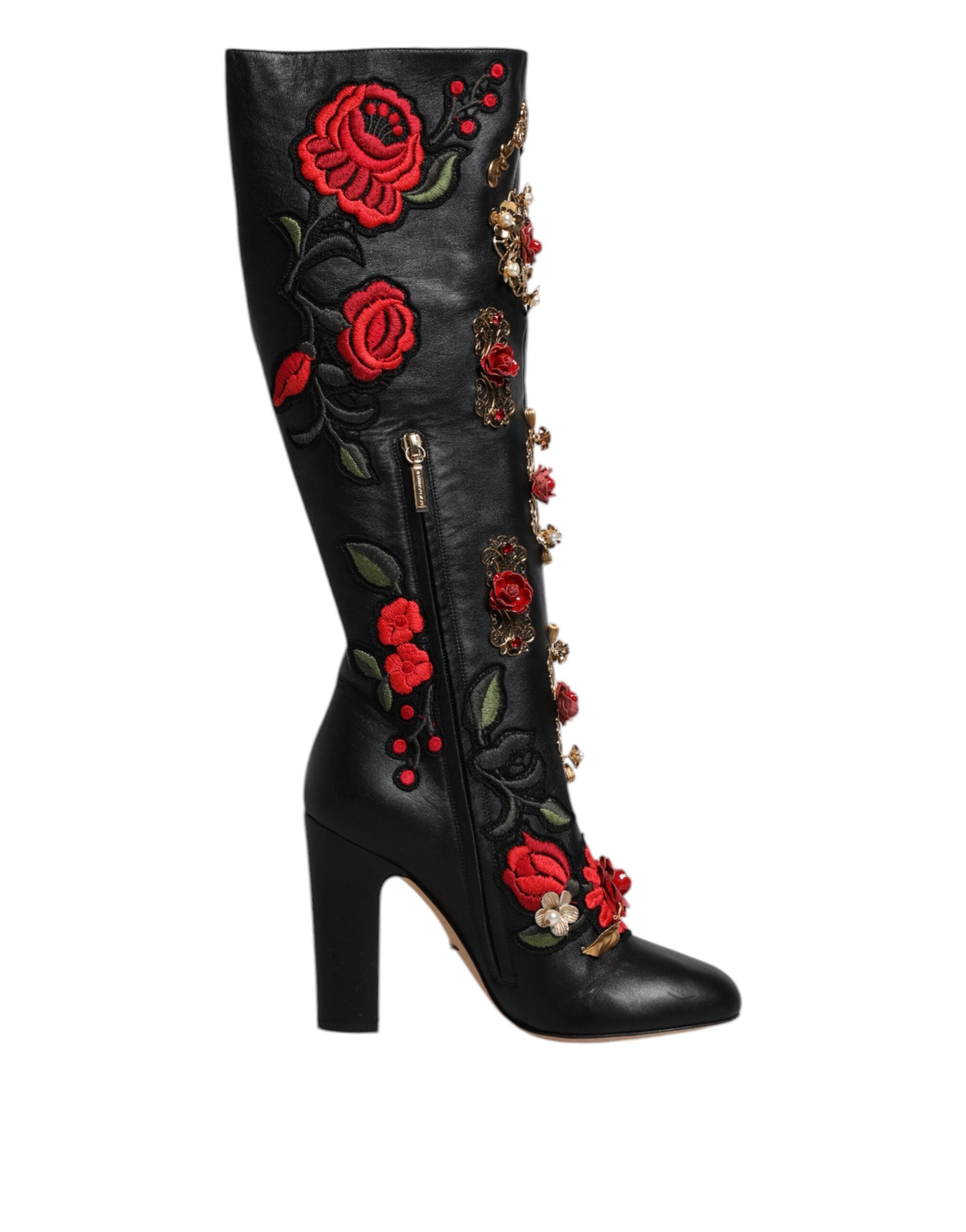 Dolce & Gabbana Black Roses Embellished Leather Heel Boots Women's Shoes