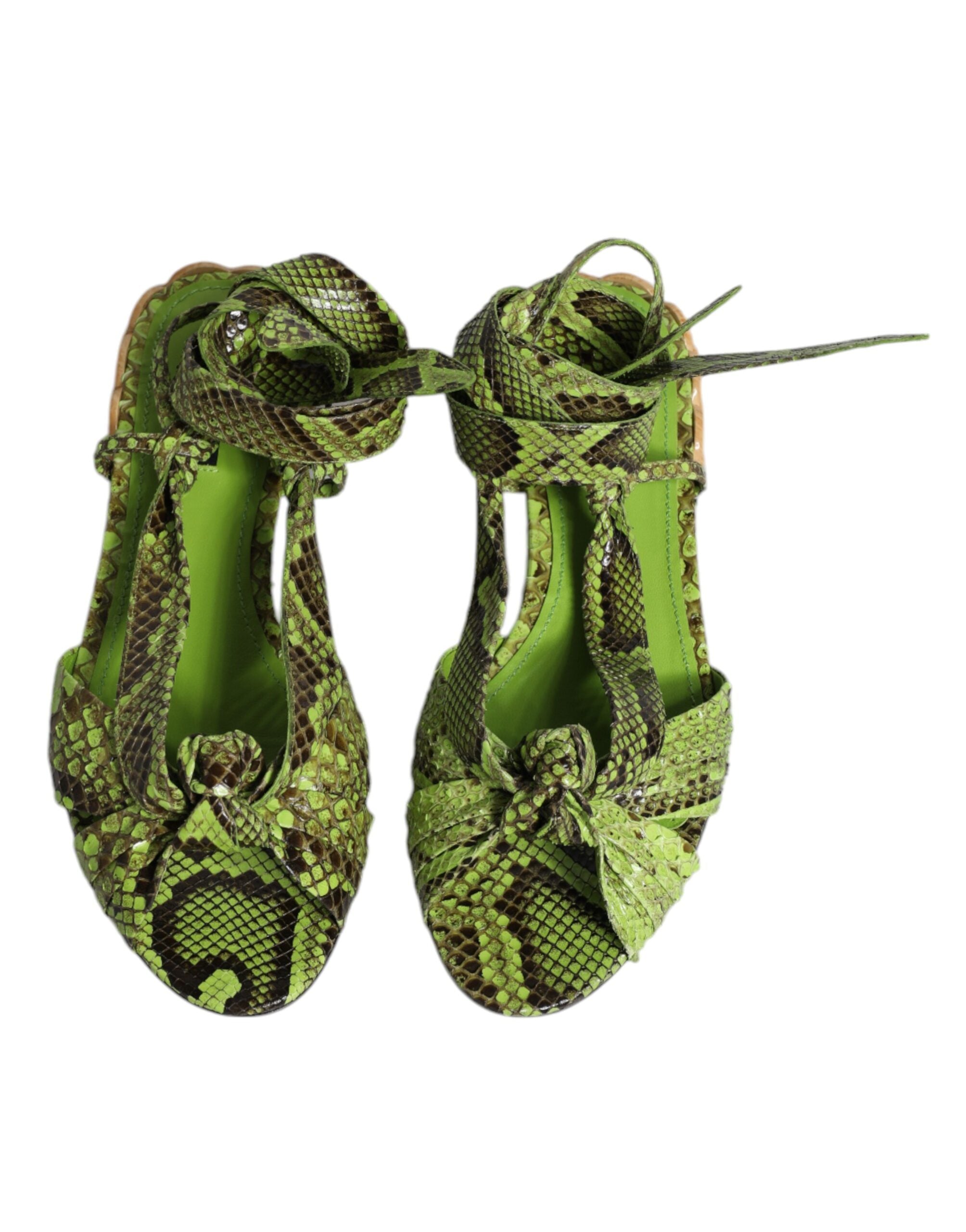 Dolce & Gabbana Green Animal Print Ankle Wrap Sandals Women's Shoes