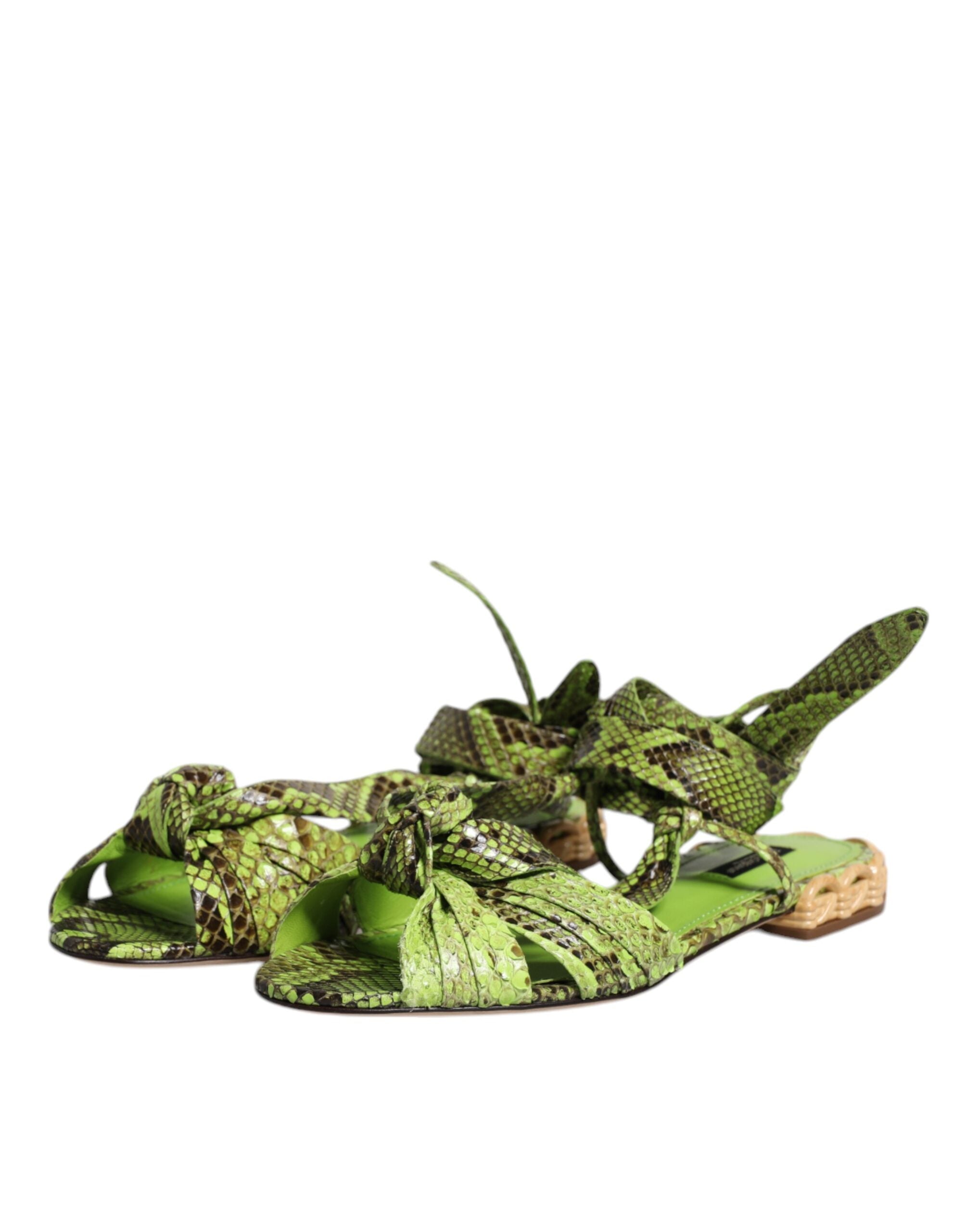 Dolce & Gabbana Green Animal Print Ankle Wrap Sandals Women's Shoes