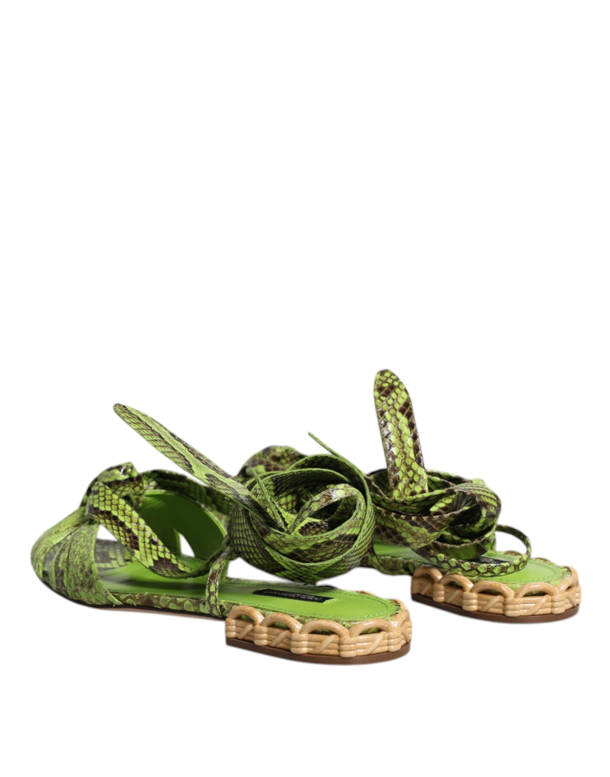 Dolce & Gabbana Green Animal Print Ankle Wrap Sandals Women's Shoes