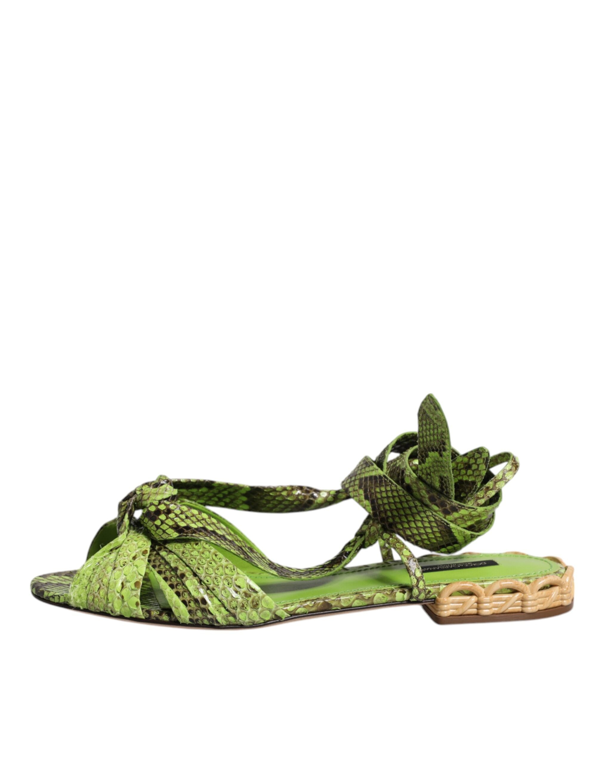 Dolce & Gabbana Green Animal Print Ankle Wrap Sandals Women's Shoes