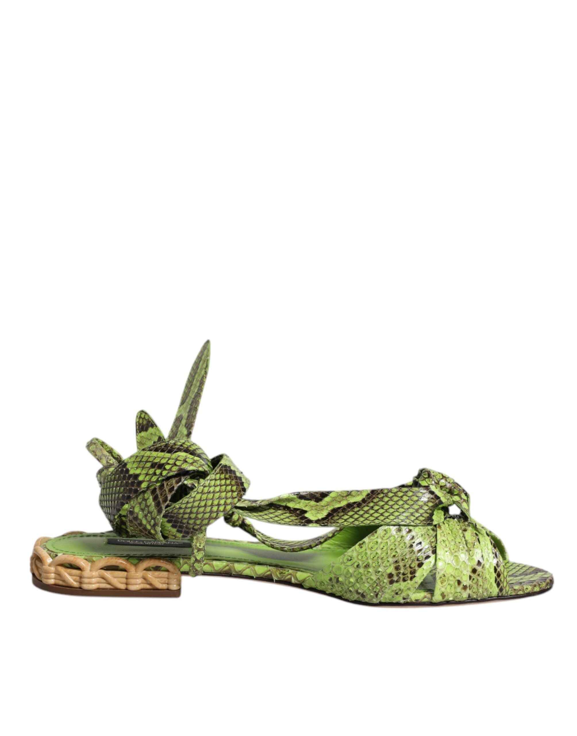 Dolce & Gabbana Green Animal Print Ankle Wrap Sandals Women's Shoes