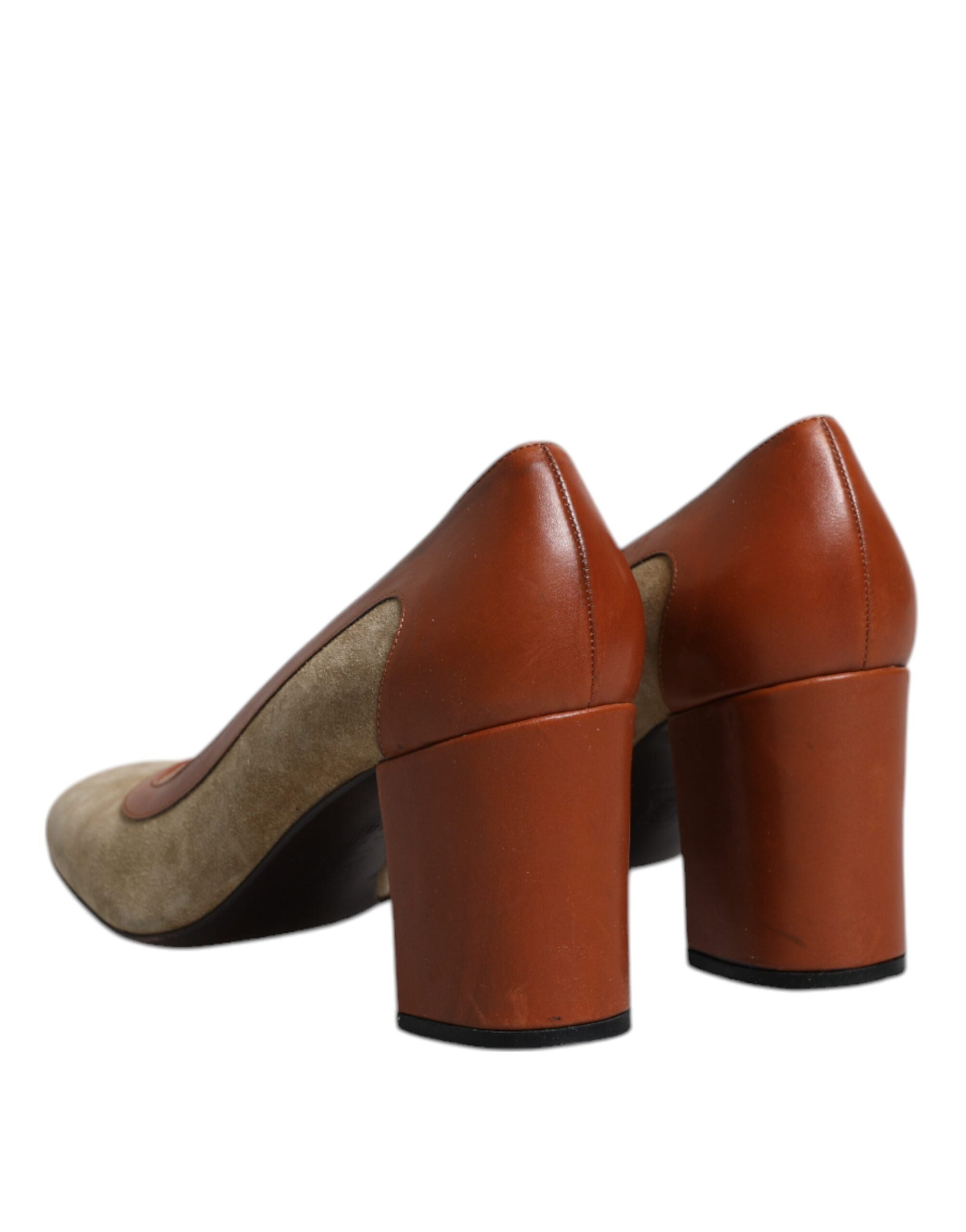 Dolce & Gabbana Beige Brown Leather Block Heels Pumps Women's Shoes (Pre-Owned)