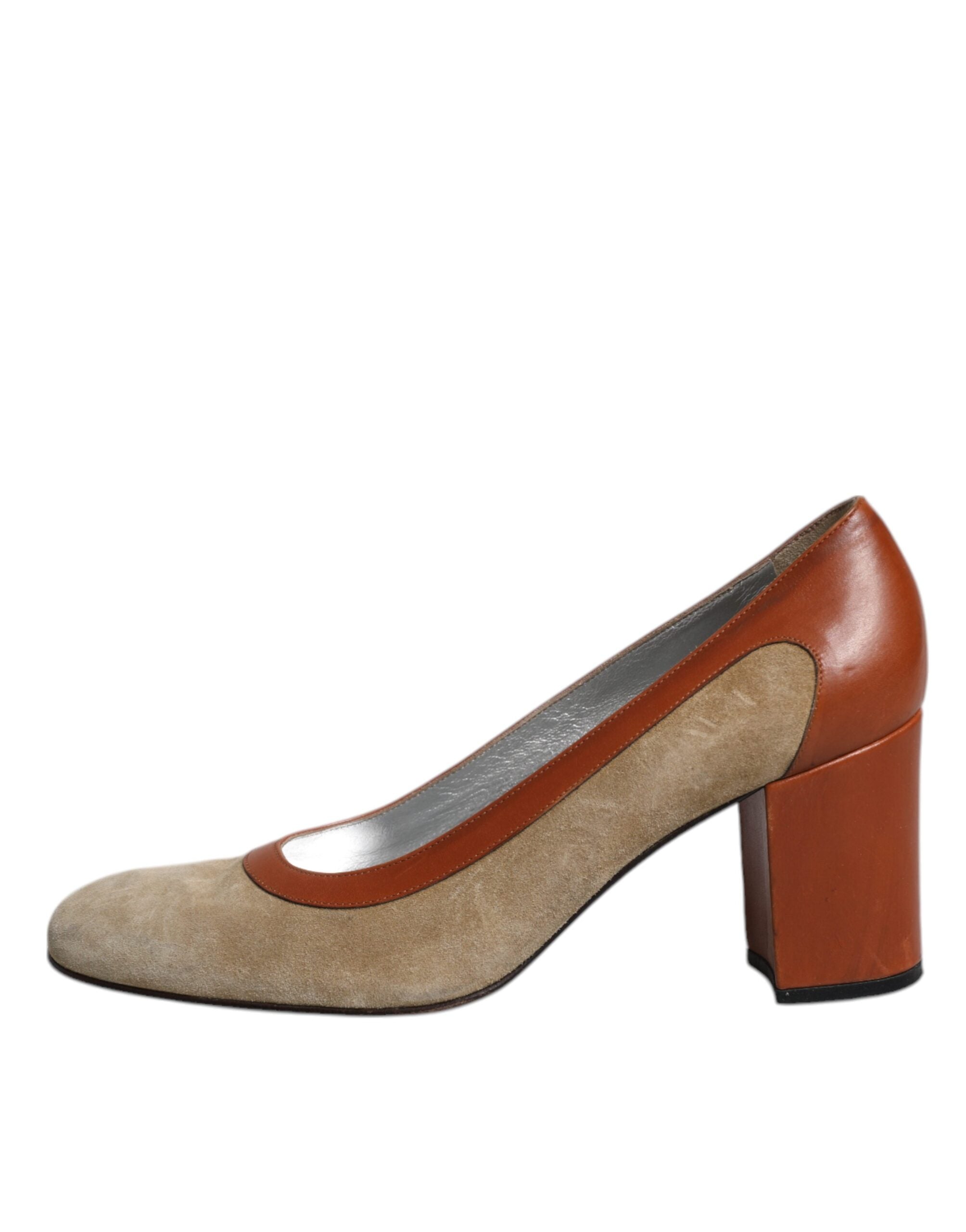 Dolce & Gabbana Beige Brown Leather Block Heels Pumps Women's Shoes (Pre-Owned)