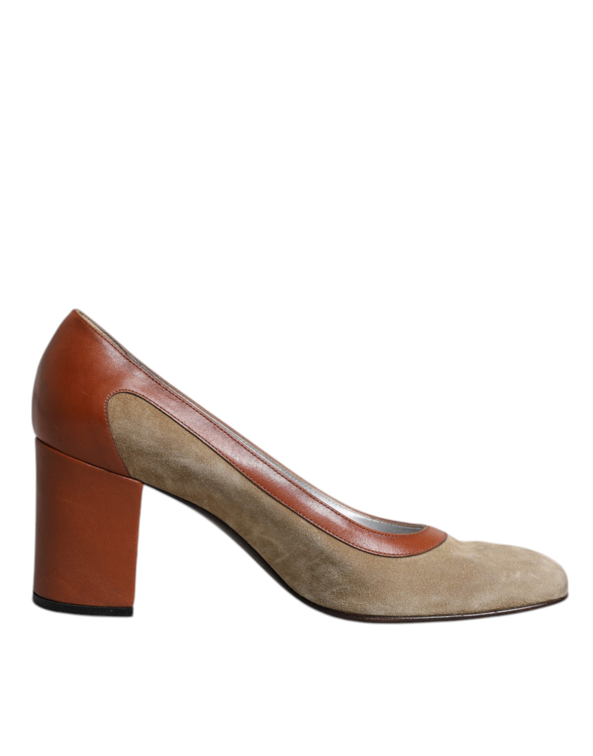 Dolce & Gabbana Beige Brown Leather Block Heels Pumps Women's Shoes (Pre-Owned)