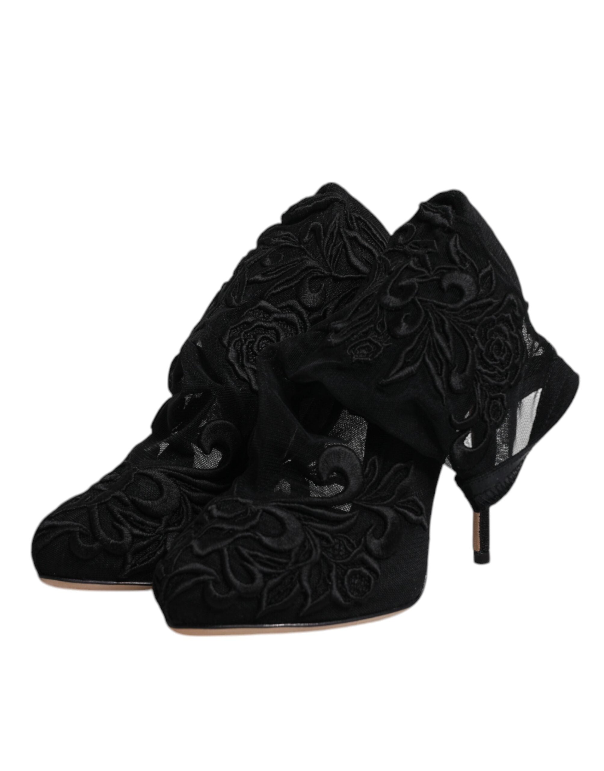 Dolce & Gabbana Black Tulle Stretch Heels Mid Calf Boots Women's Shoes (Pre-Owned)
