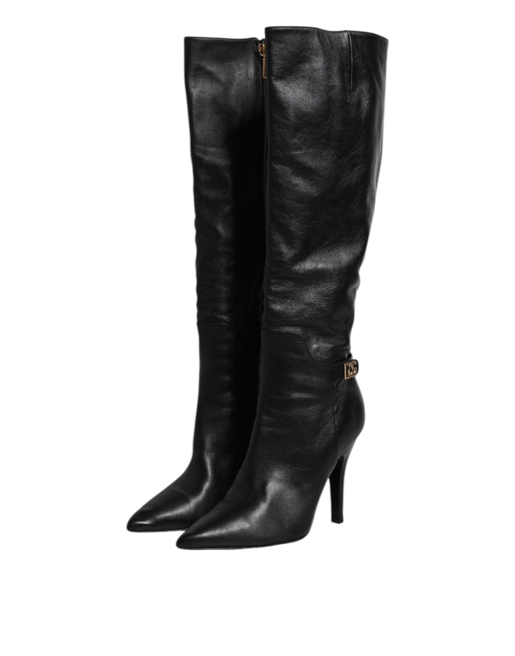 Dolce & Gabbana Black Leather Heels Knee High Boots Women's Shoes (Pre-Owned)