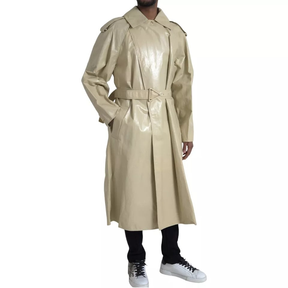Bottega Veneta Beige Lambskin Leather Trench Coat Men's Jacket