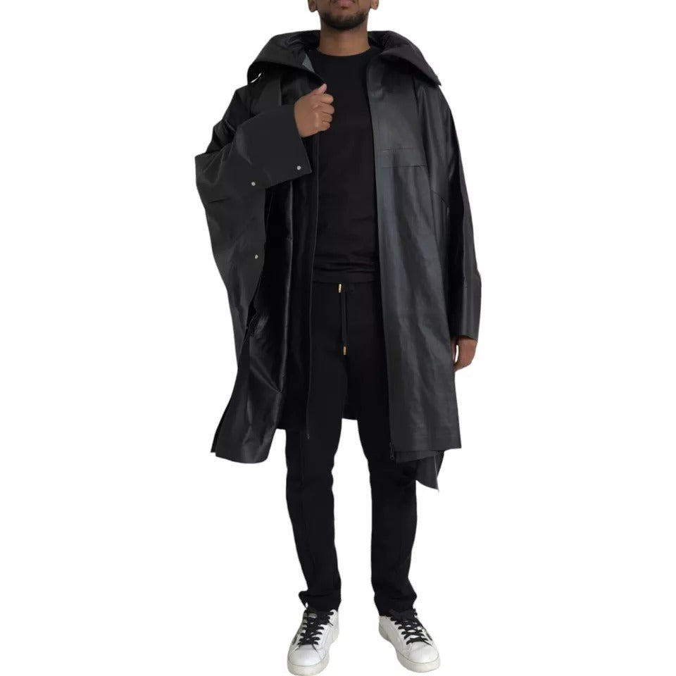 Bottega Veneta Black Leather Hooded Men Trenchcoat Men's Jacket
