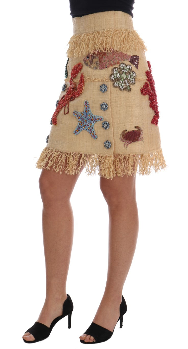 Dolce & Gabbana Crystal Beige Palm Fiber Women's Skirt