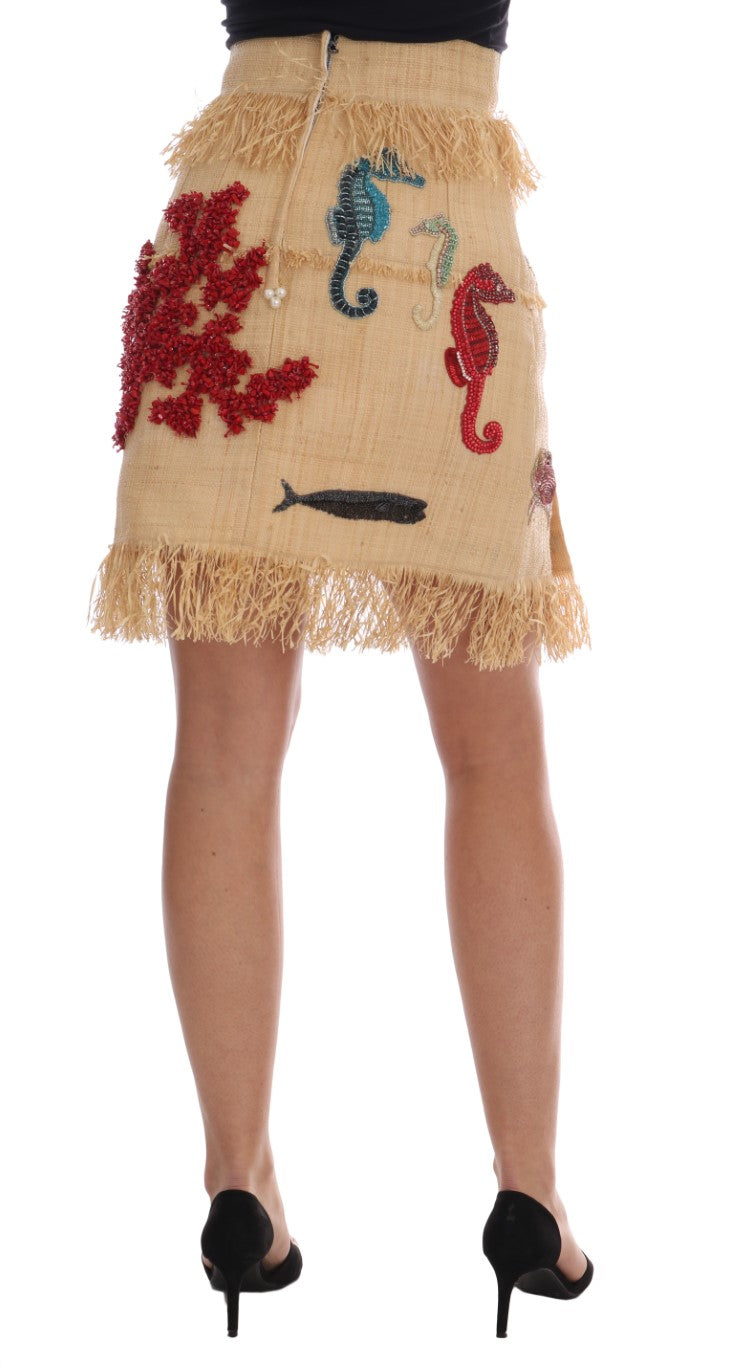 Dolce & Gabbana Crystal Beige Palm Fiber Women's Skirt