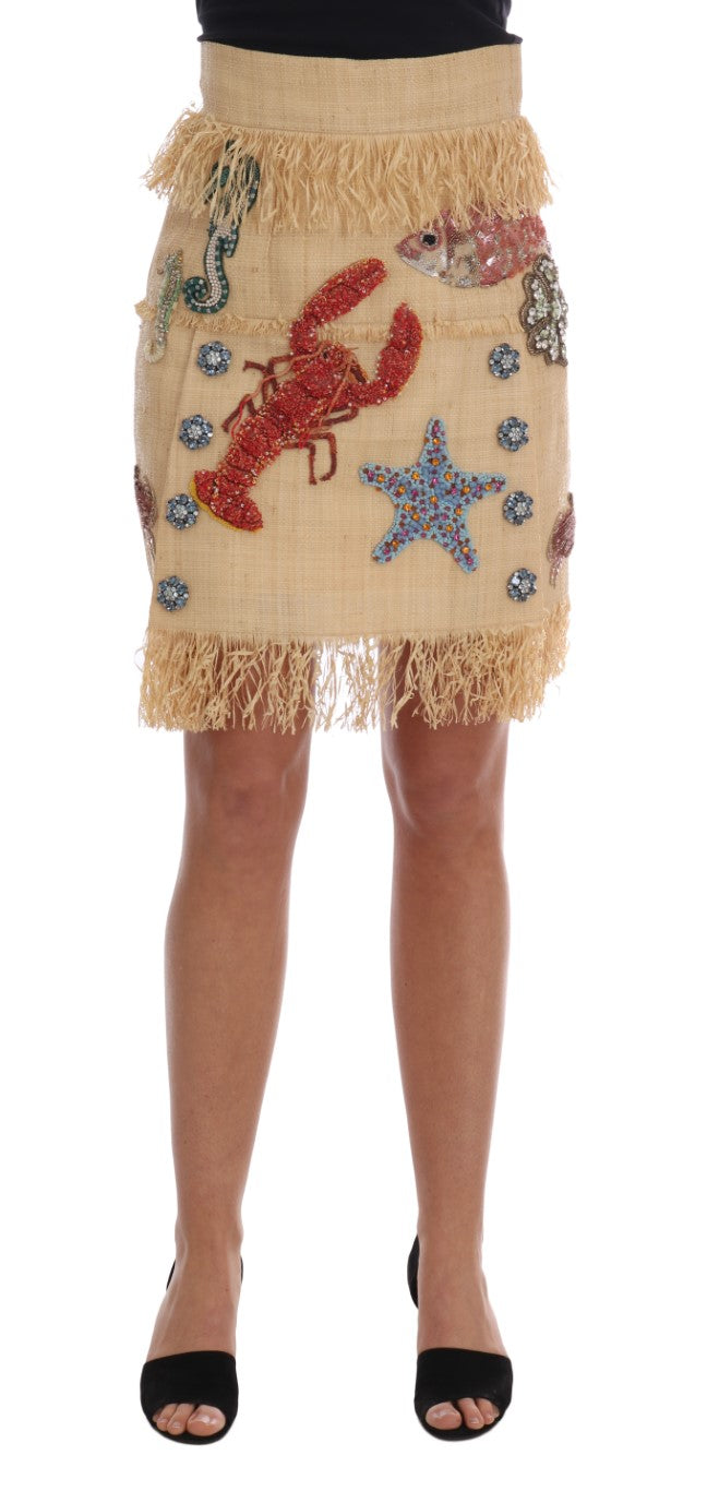 Dolce & Gabbana Crystal Beige Palm Fiber Women's Skirt