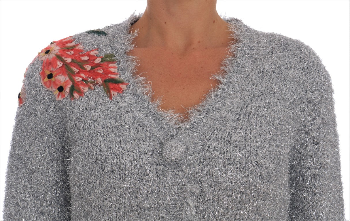 Dolce & Gabbana Silver Cardigan Floral Applique Women's Sweater