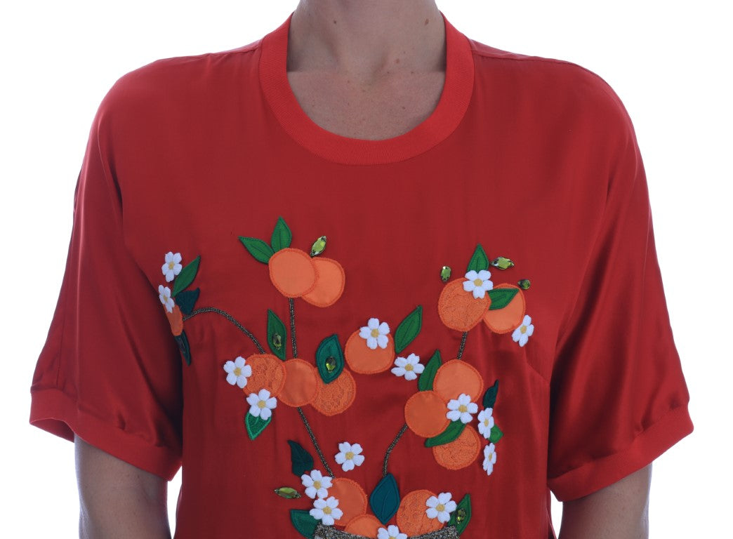 Dolce & Gabbana Red Silk Oranges Floral Crystal Women's Blouse