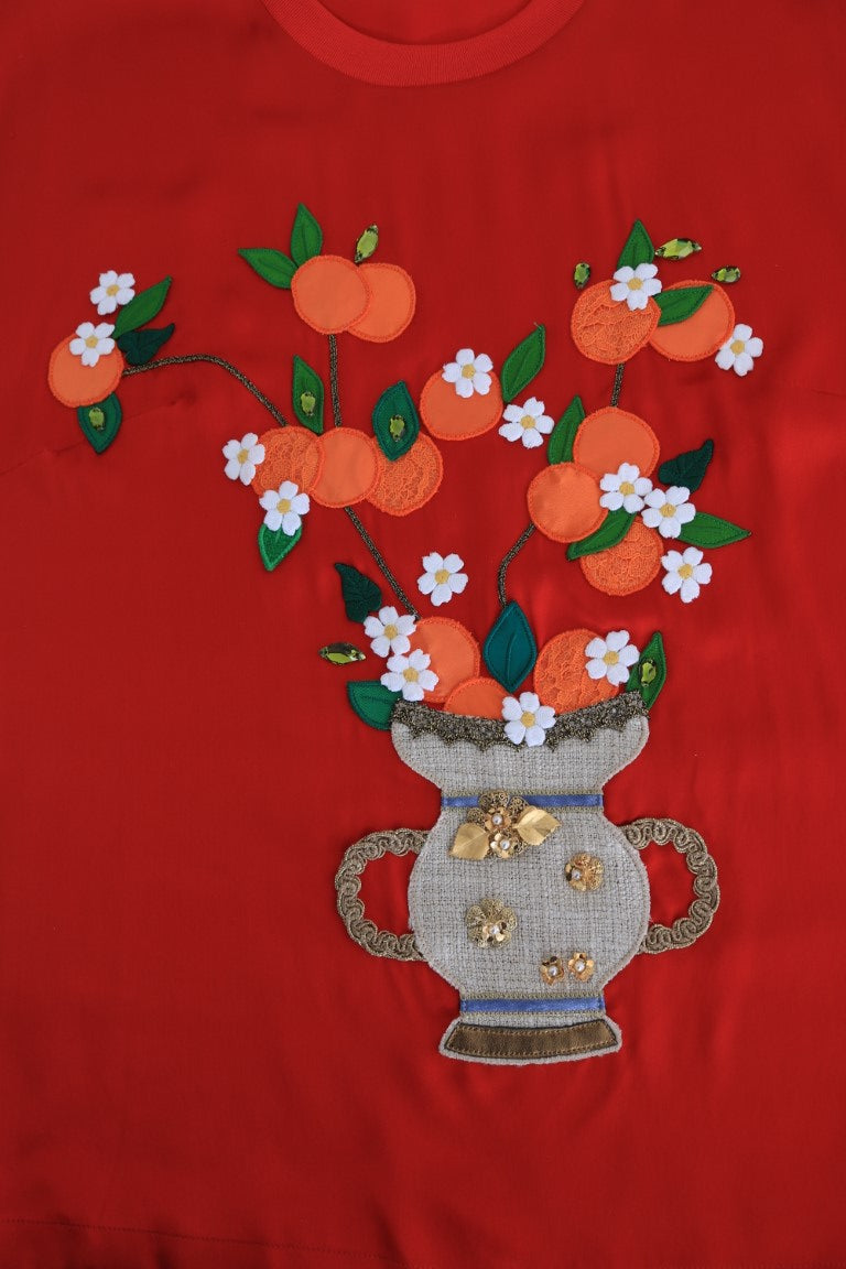 Dolce & Gabbana Red Silk Oranges Floral Crystal Women's Blouse