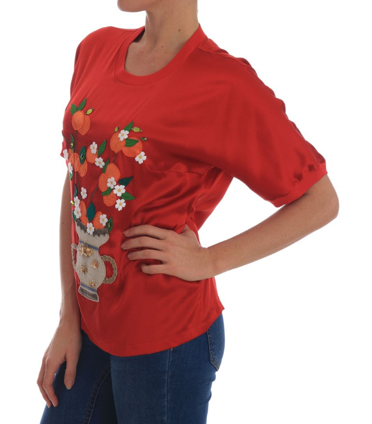 Dolce & Gabbana Red Silk Oranges Floral Crystal Women's Blouse
