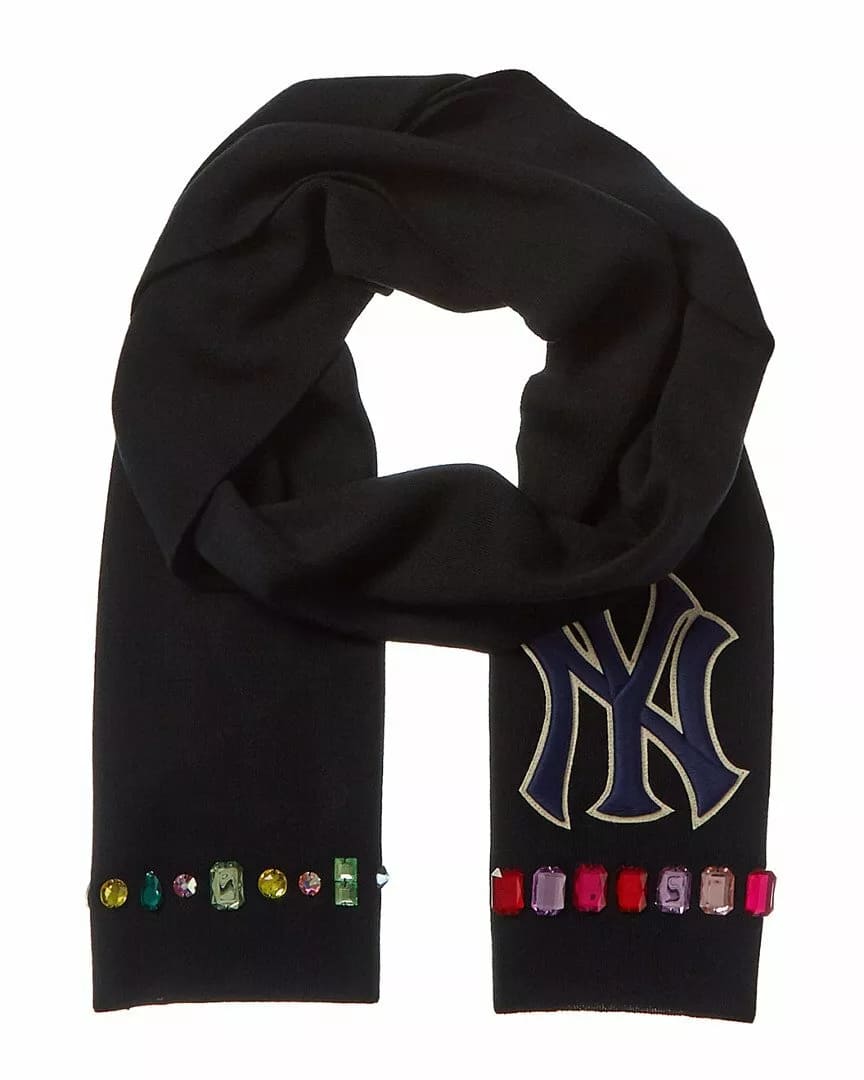Gucci NY Yankee Black Wool Scarf With Multicolor Gems