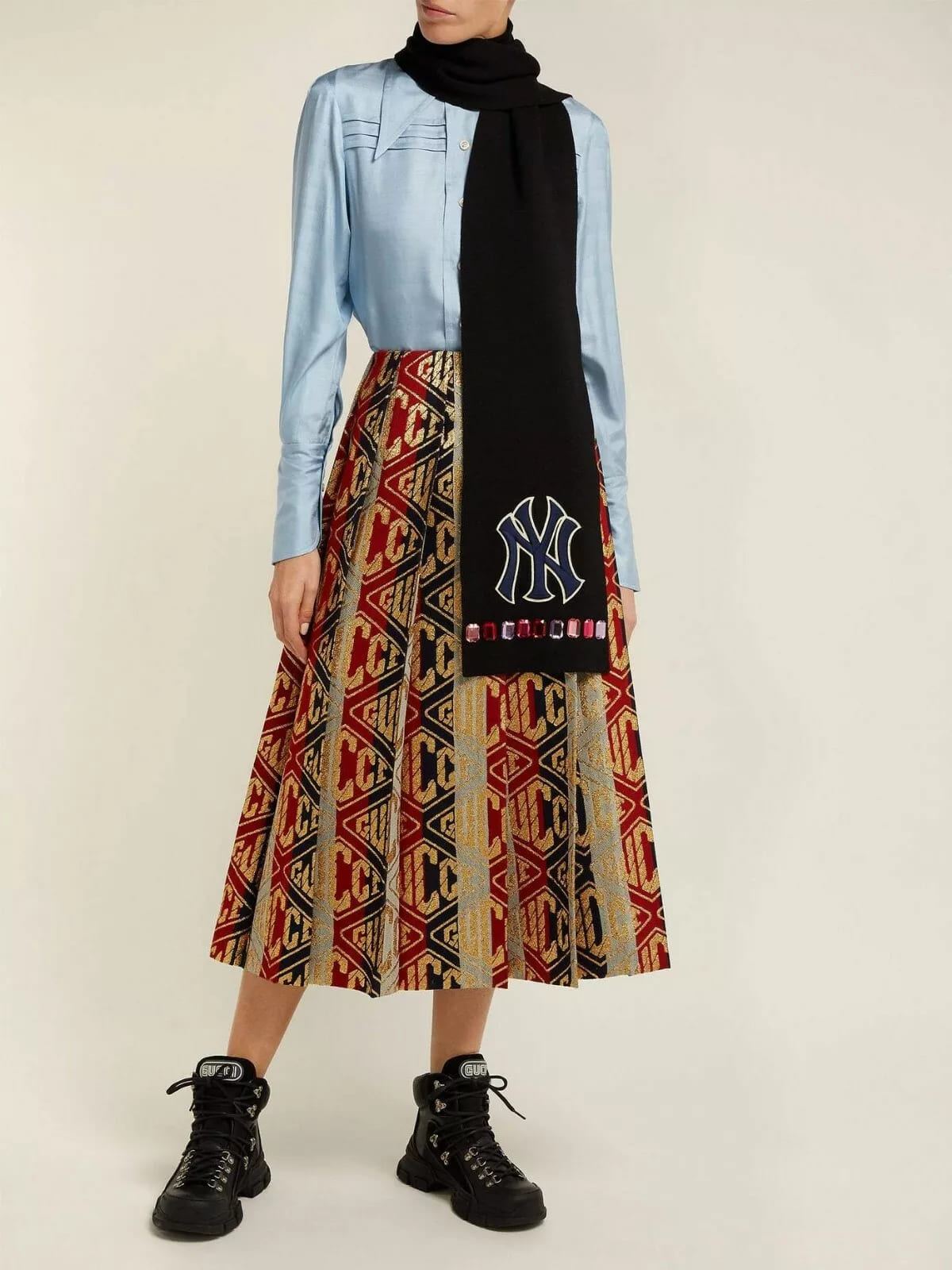 Gucci NY Yankee Black Wool Scarf With Multicolor Gems