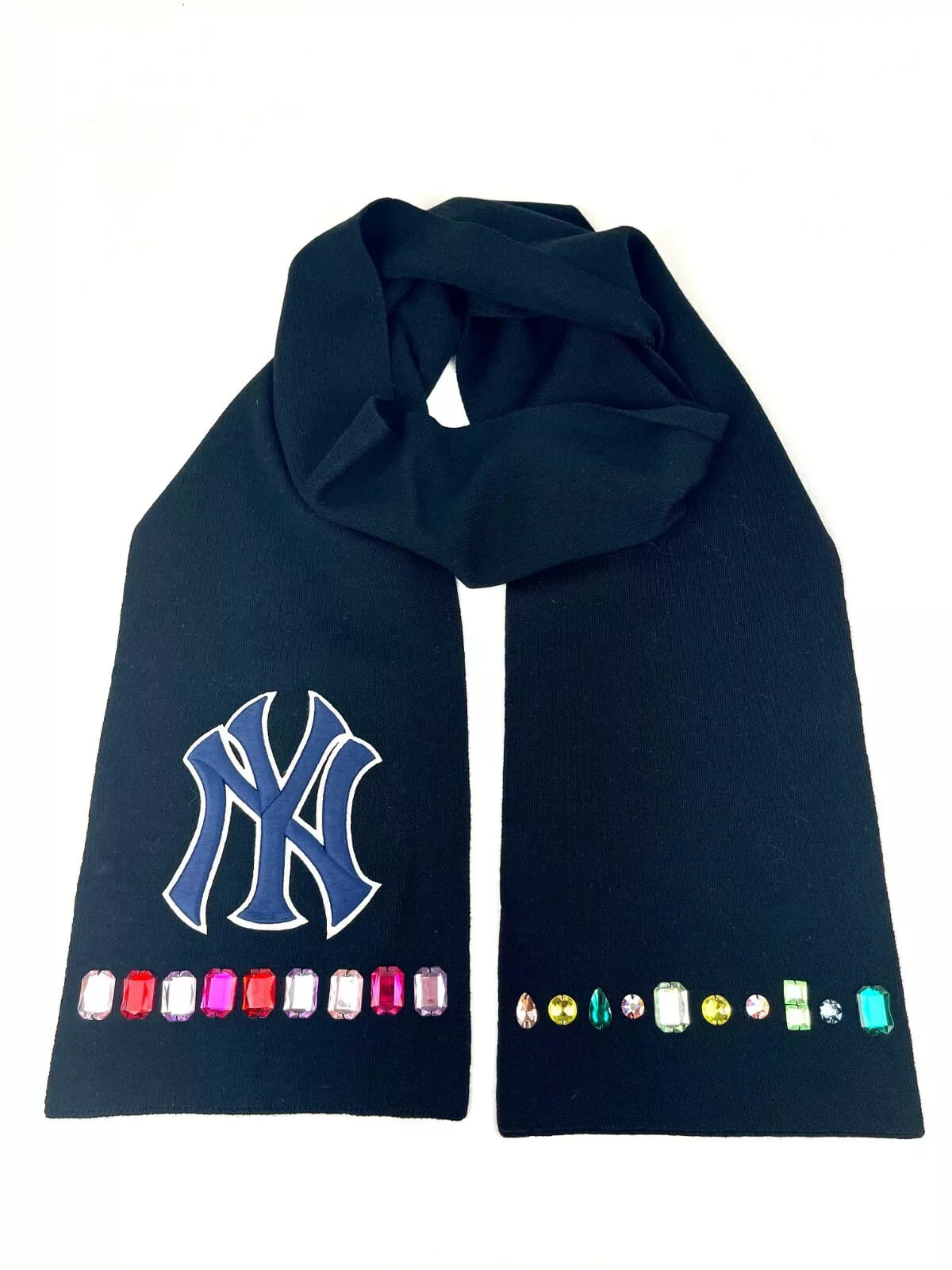 Gucci NY Yankee Black Wool Scarf With Multicolor Gems