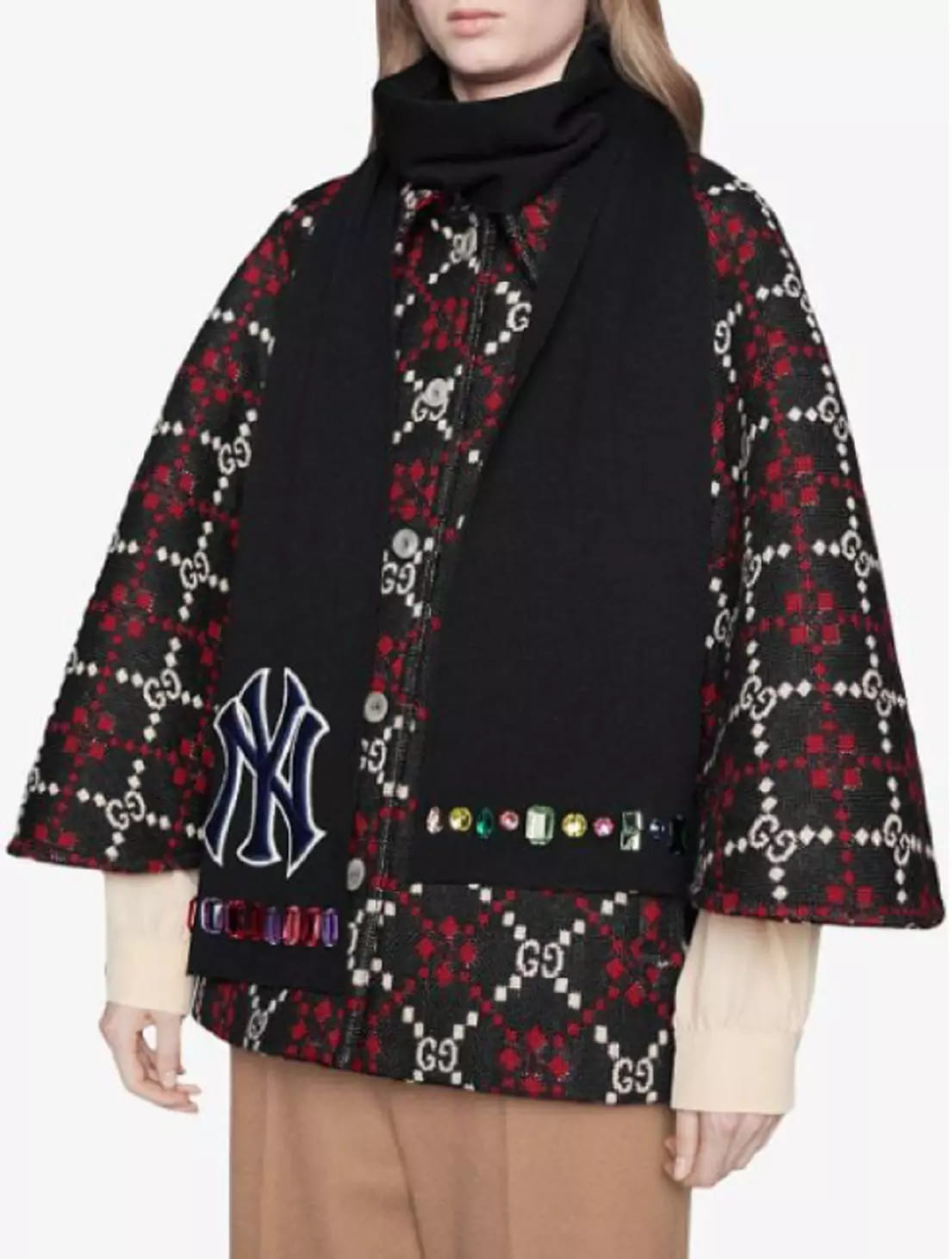 Gucci NY Yankee Black Wool Scarf With Multicolor Gems