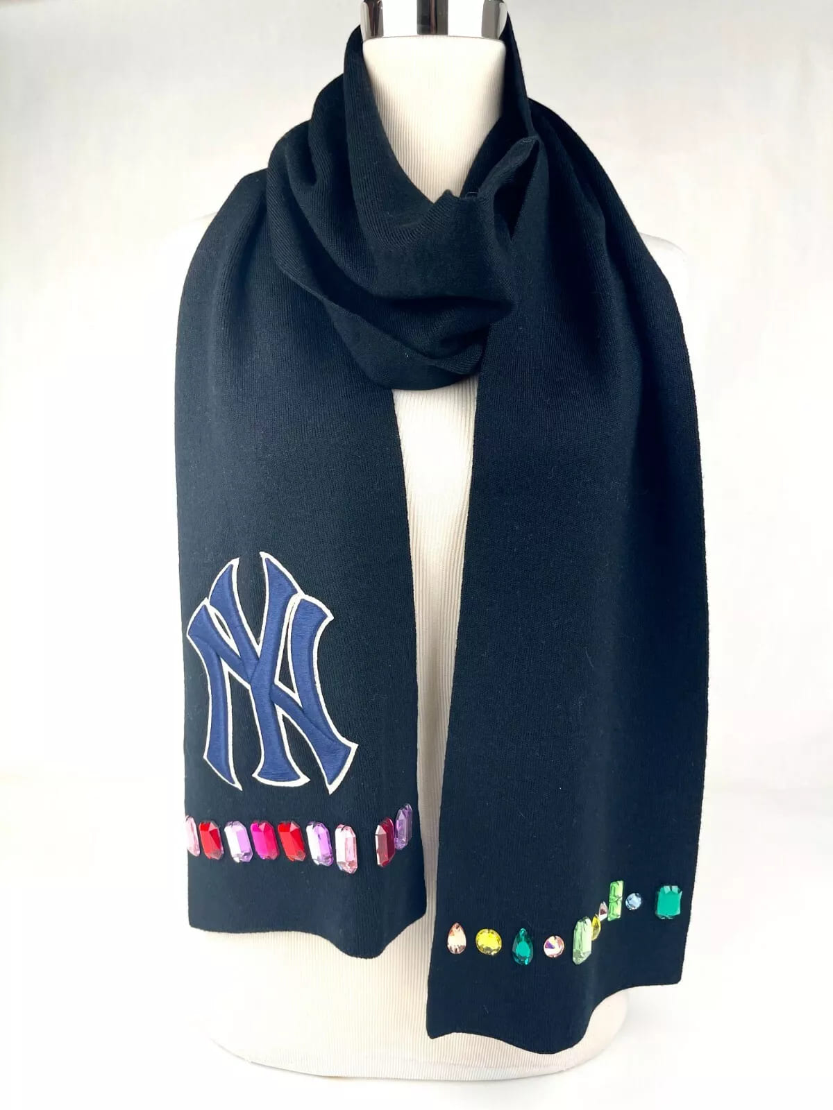 Gucci NY Yankee Black Wool Scarf With Multicolor Gems