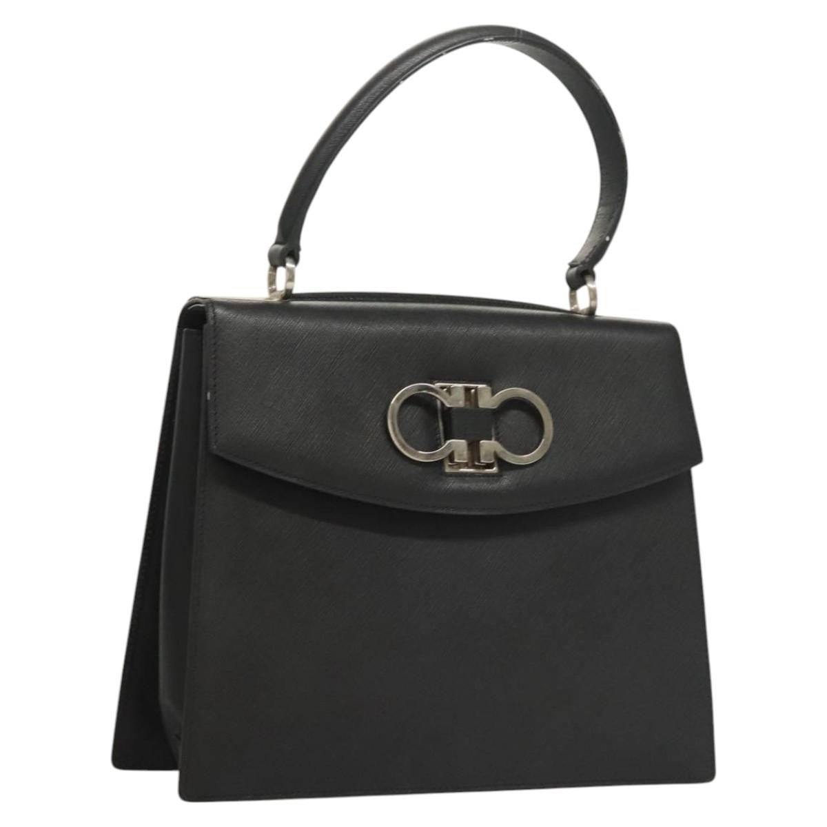 Salvatore Ferragamo Double Gancini Top Handle Saffiano Leather Black Leather Handbag (Pre-Owned)