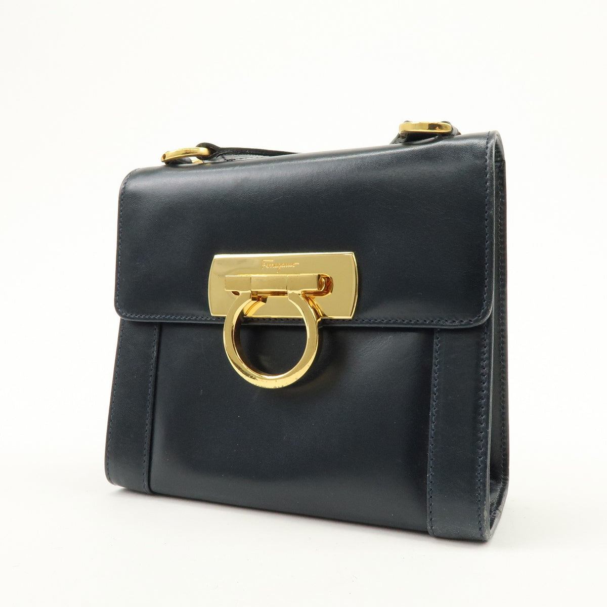 Salvatore Ferragamo Vintage Gancini Flap Leather Navy Leather Shoulder Bag Bag (Pre-Owned)