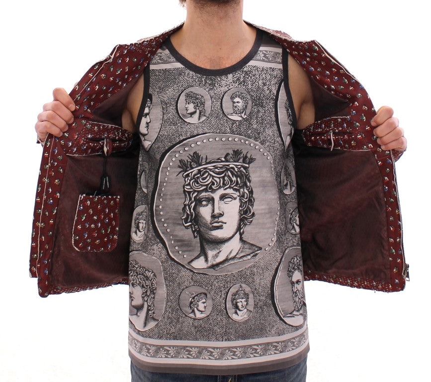 Dolce & Gabbana Bordeaux Leather Boxer Print Jacket Men's Coat
