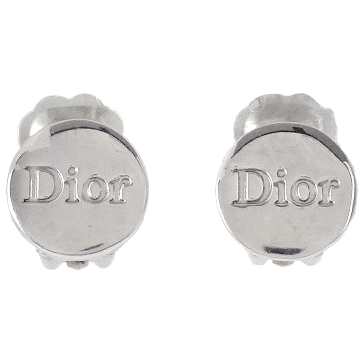 Christian Dior Vintage Logo Round Clip-On Metal Silver Silver_Plated Earrings Jewelry (Pre-Owned)