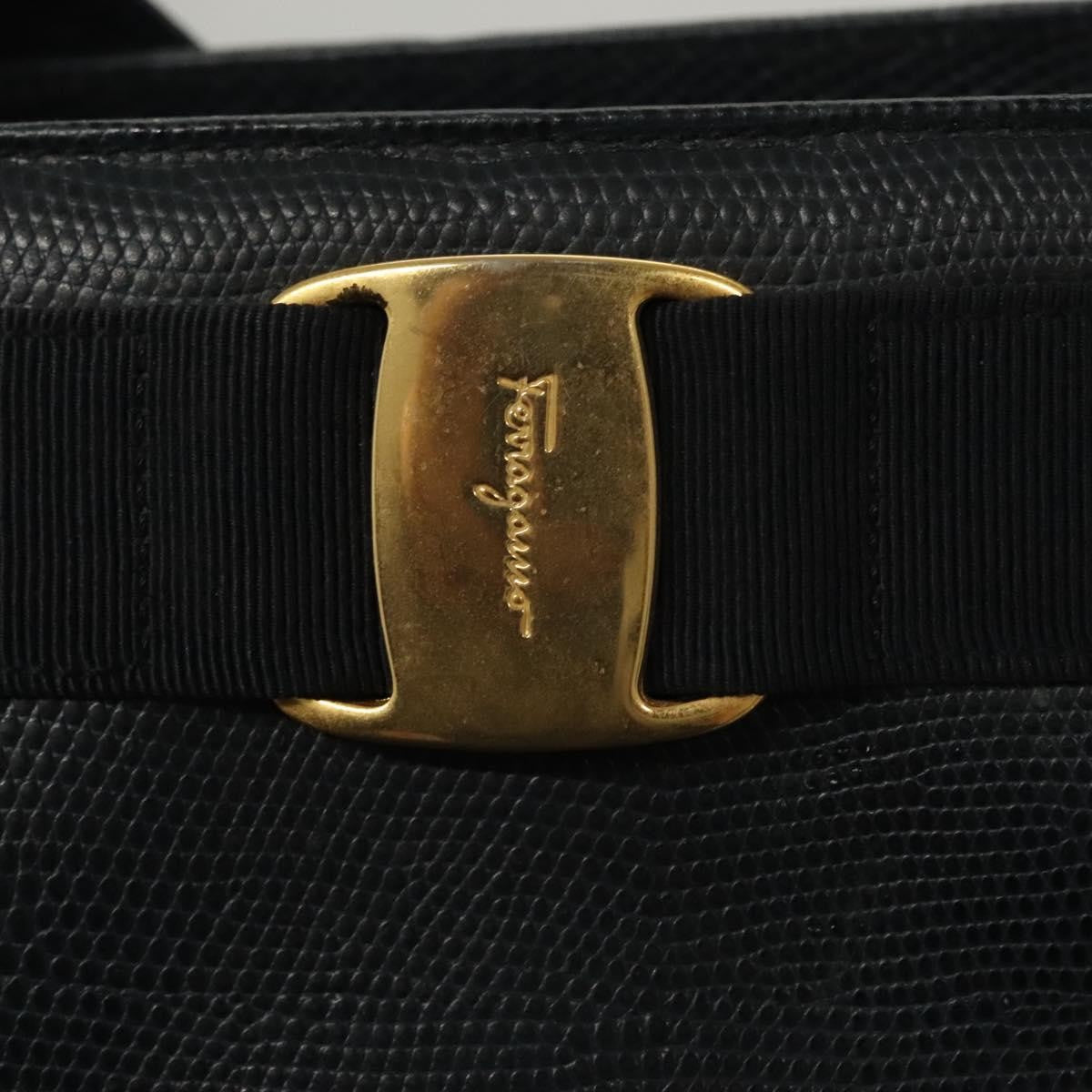 Salvatore Ferragamo Vintage Vara Bow Tote Lizard Embossed Leather Navy Leather Tote Bag Bag (Pre-Owned)