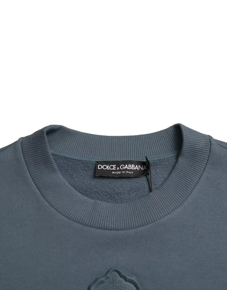Dolce & Gabbana Blue Cotton Logo Patch Crew Neck Men Pullover Men's Sweater