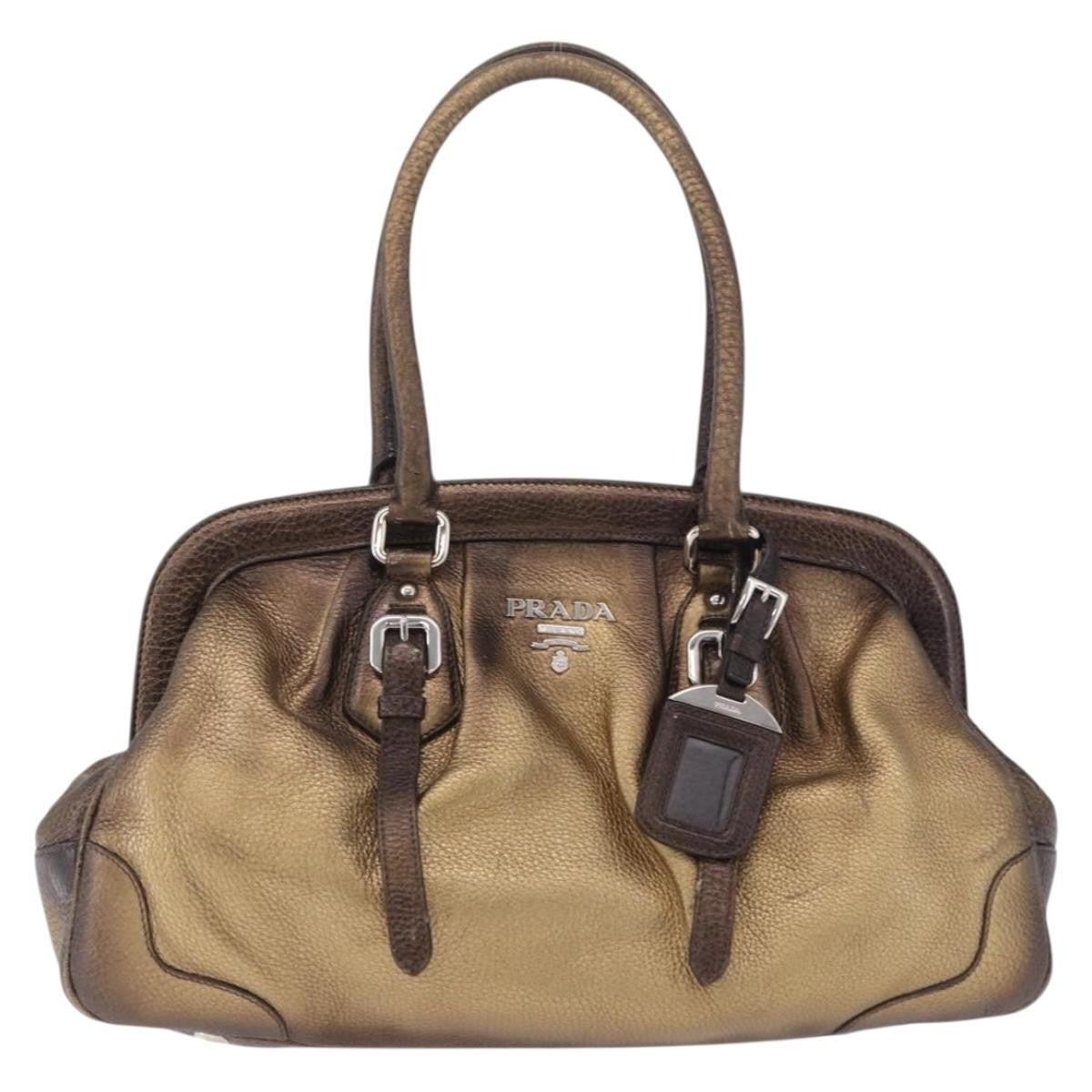 Prada Belted Frame Satchel Metallic Leather Gold Leather Handbag (Pre-Owned)