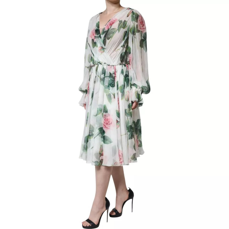 Dolce & Gabbana White Silk Floral Print A-line Midi Women's Dress