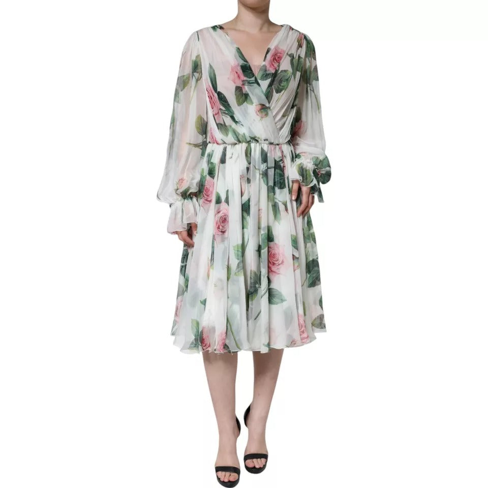 Dolce & Gabbana White Silk Floral Print A-line Midi Women's Dress