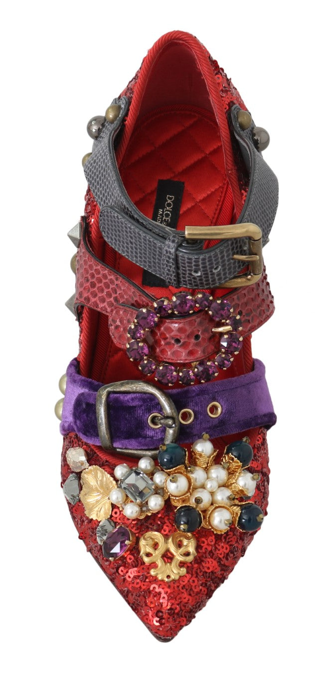 Dolce & Gabbana Red Sequined Crystal Studs Heels Women's Shoes