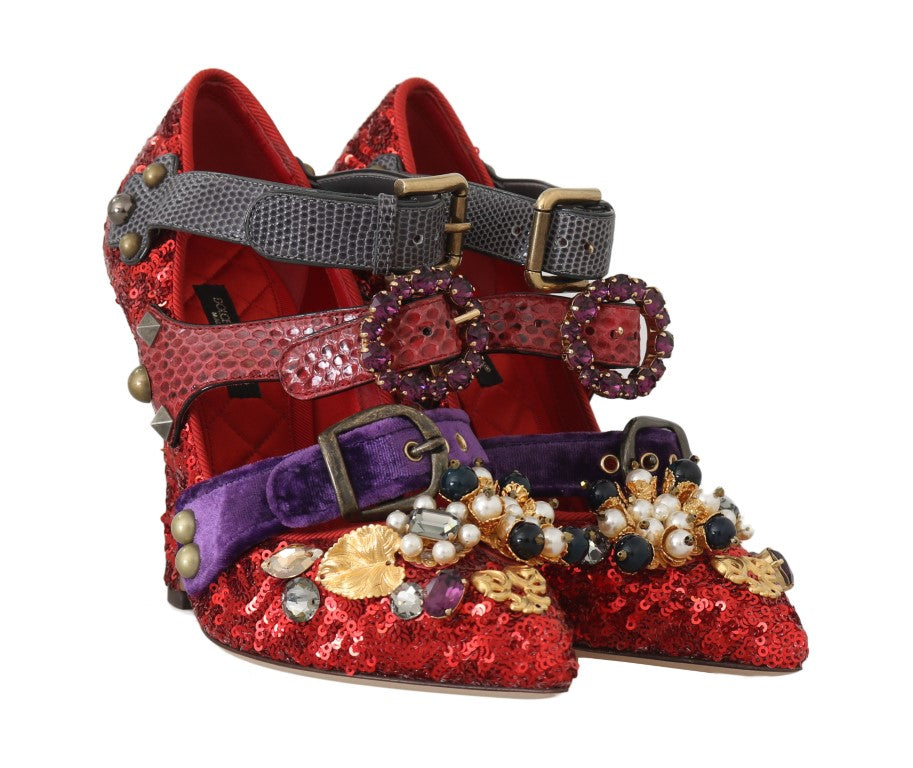 Dolce & Gabbana Red Sequined Crystal Studs Heels Women's Shoes