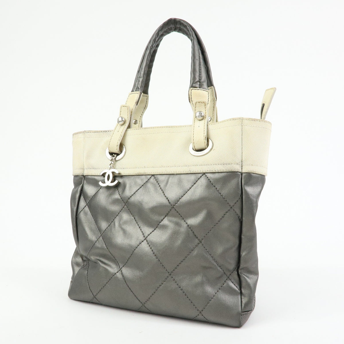 Chanel Biarritz Quilted Coated Canvas Gray Canvas Tote Bag Bag (Pre-Owned)