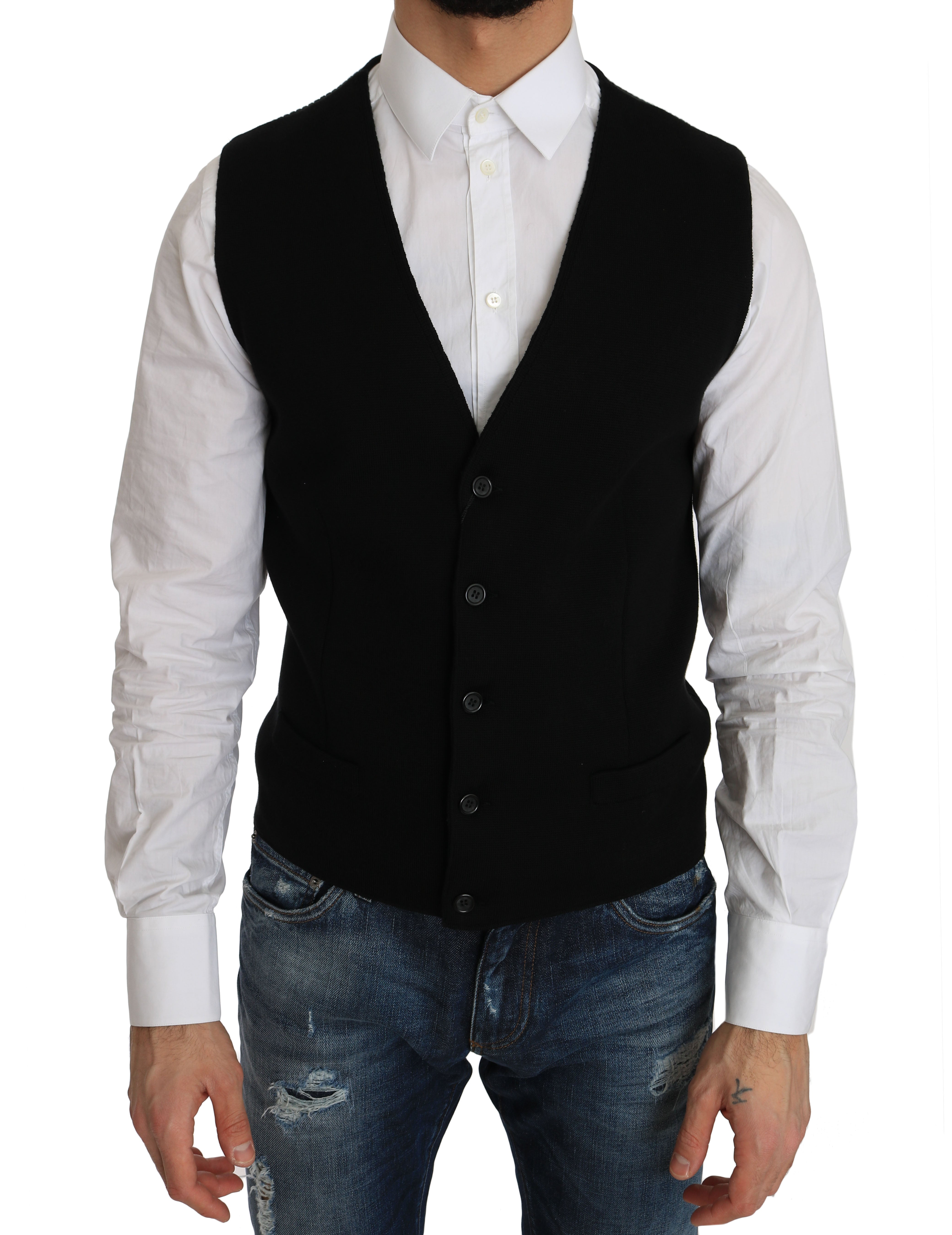 Dolce & Gabbana Black Cotton Dress Woven Men's Waistcoat