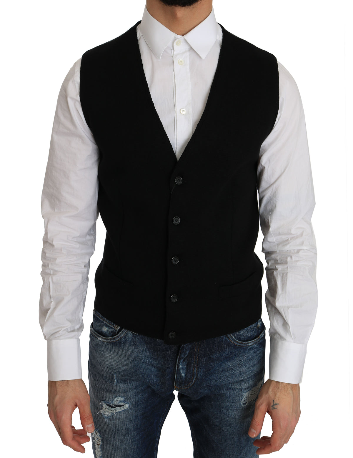 Dolce & Gabbana Black Cotton Dress Woven Men's Waistcoat