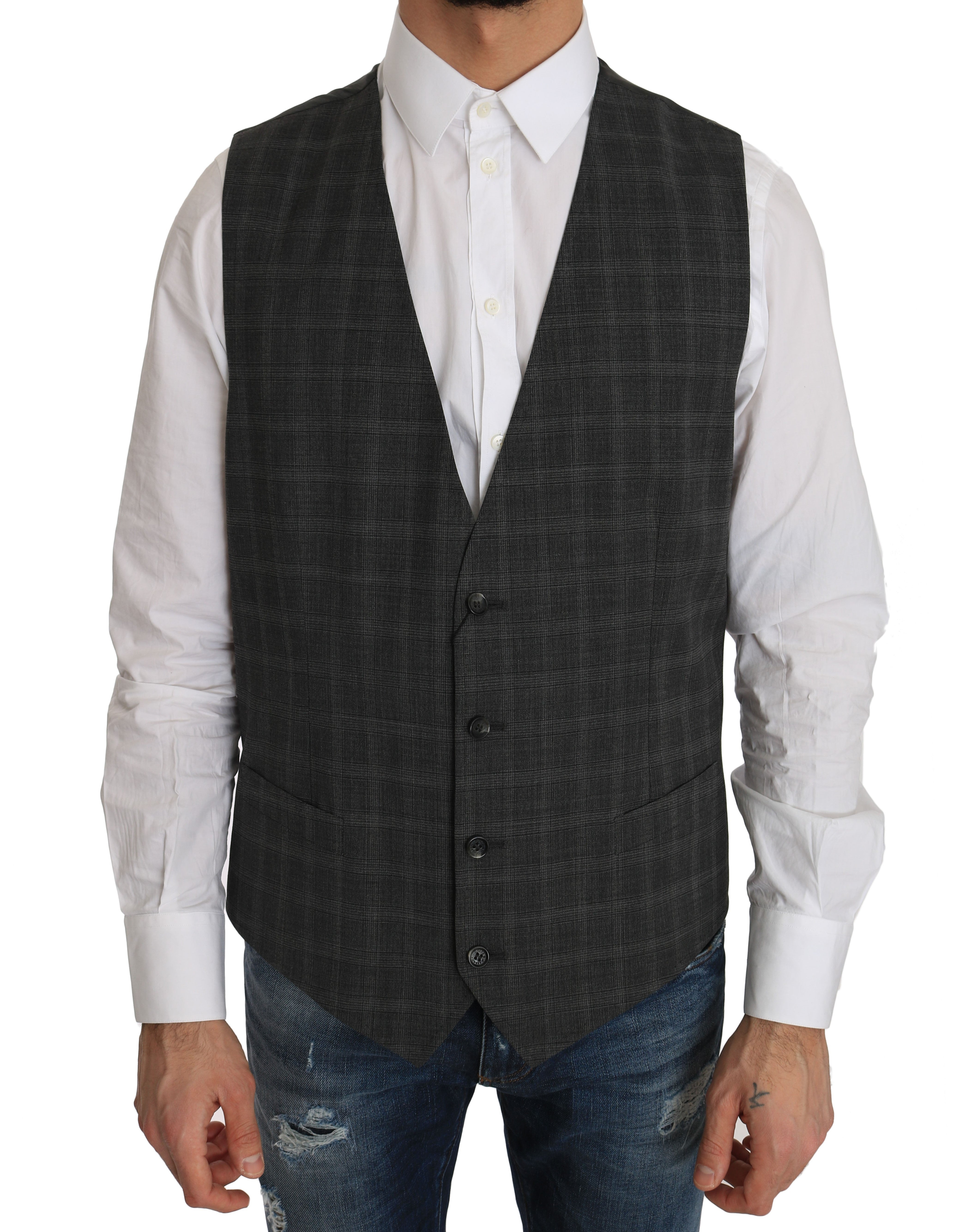 Dolce & Gabbana Gray Wool STAFF Checkered Stretch Men's Vest