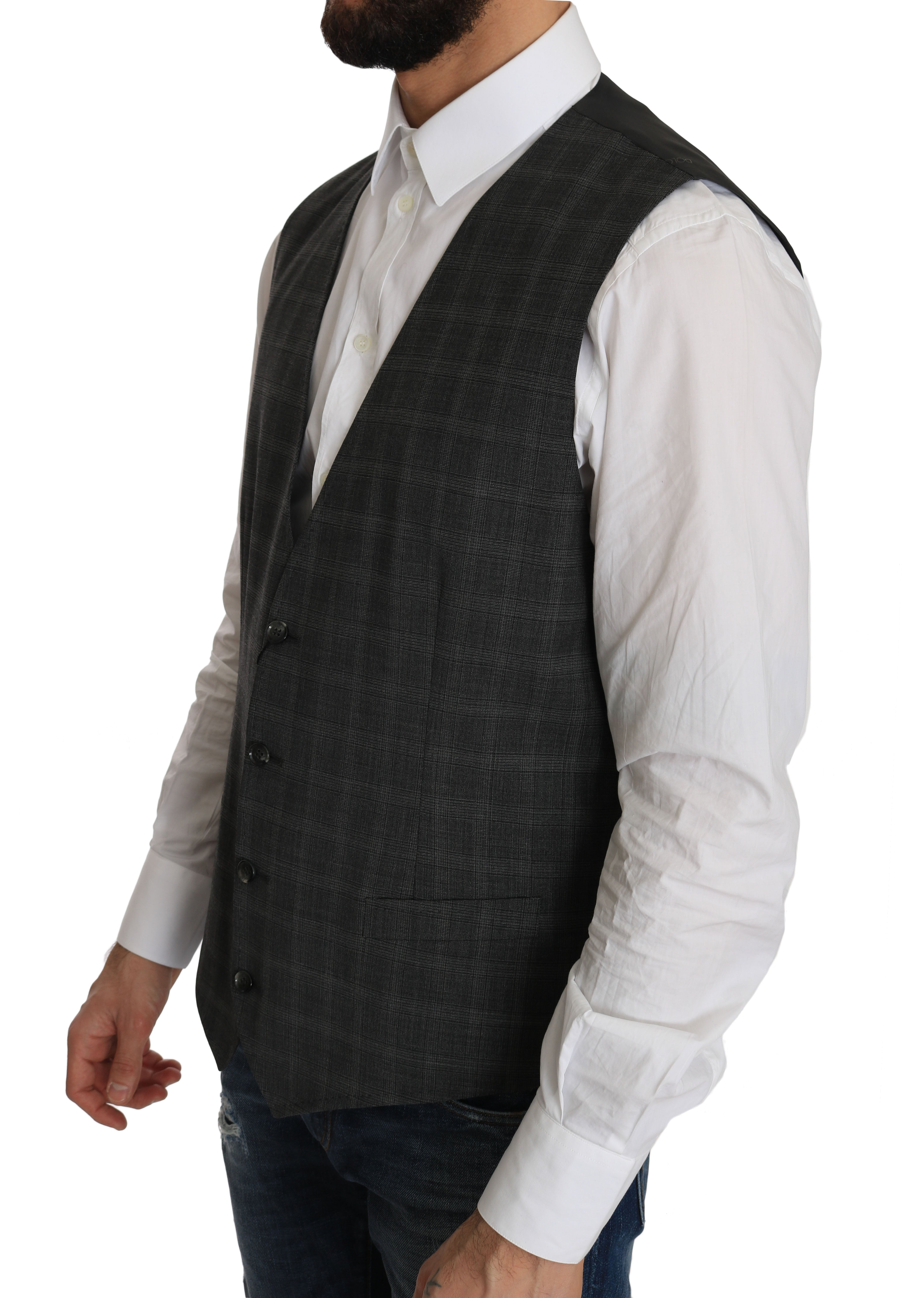 Dolce & Gabbana Gray Wool STAFF Checkered Stretch Men's Vest