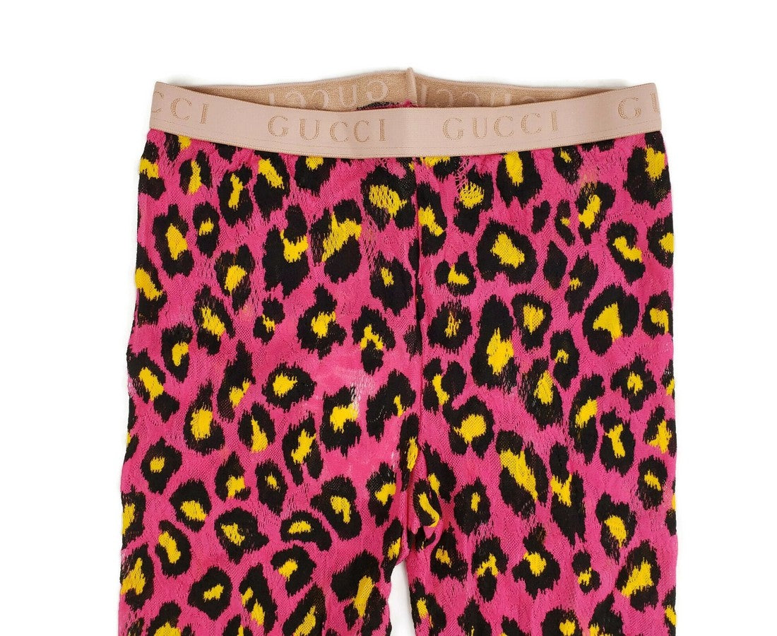Gucci Women's Pink Yellow Blossom GG Leopard Print Tights(Medium)